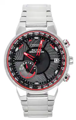 Citizen - Eco-Drive CC3031-51E Mens Watch Perpetual Calendar World Time Satellite Wave GPS World Time 100M - Silver, red
