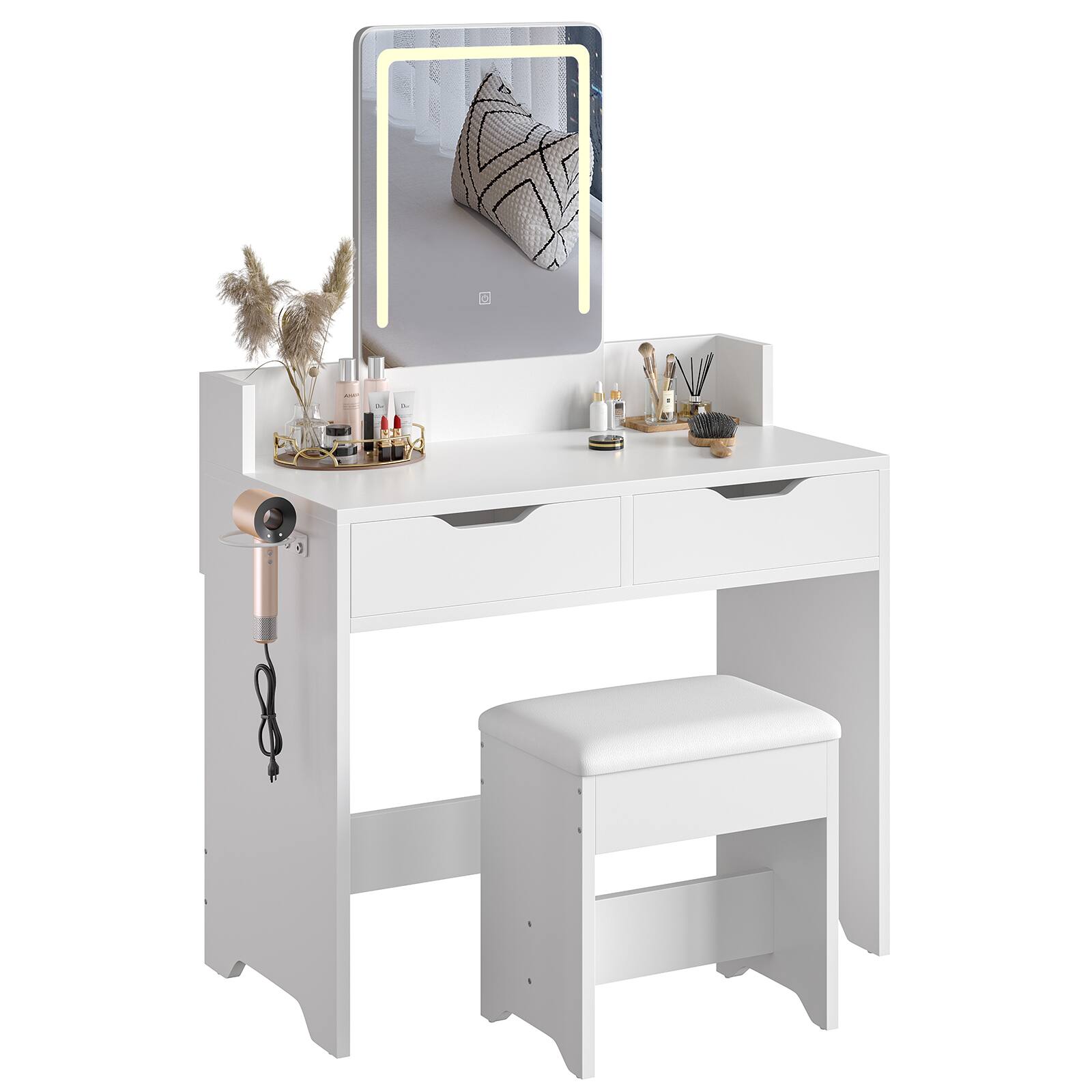 Alt View 4. Bestier - Vanity Desk Set with 3-Mode Lighted Mirror, 2 Storage Drawers, Hair Dryer Holder & Edge Safety Guard - White.