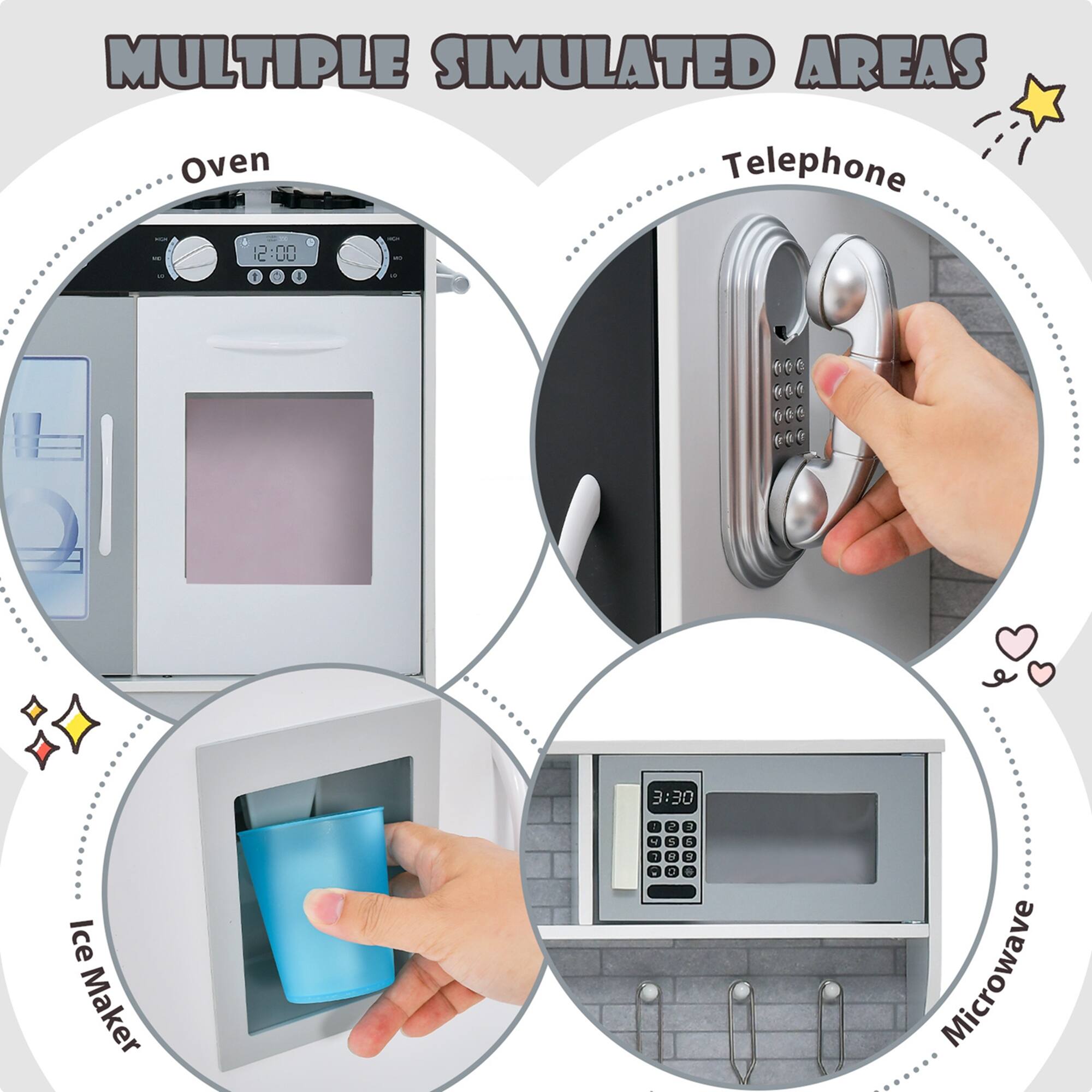 MULTIPLE SIMULATED AREAS

- Oven
- Telephone
- Ice Maker
- Microwave
