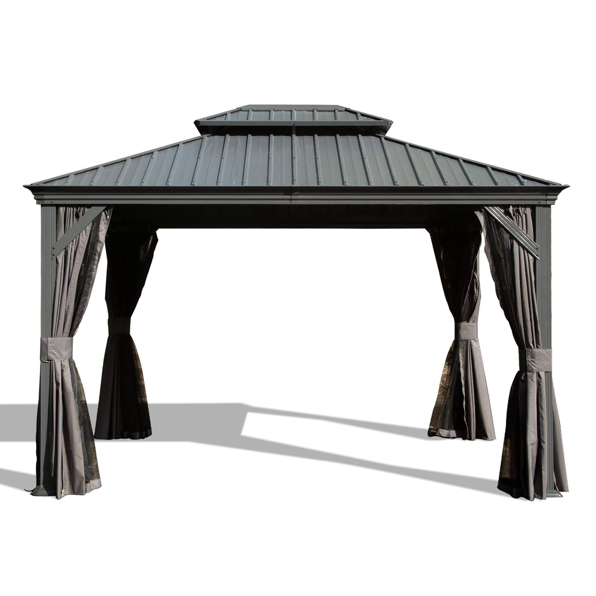 Angle. Loheer - Loheer 10x12 Hardtop Gazebo, Metal Patio Gazebo with Galvanized Steel Roof, Drainage System, Curtains and Netting.