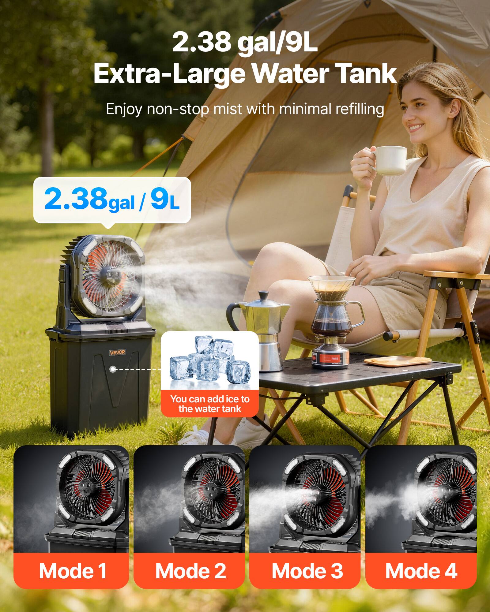 2.38 gal/9L Extra-Large Water Tank  
Enjoy non-stop mist with minimal refilling  

2.38 gal/9L  

You can add ice to the water tank  

Mode 1  
Mode 2  
Mode 3  
Mode 4