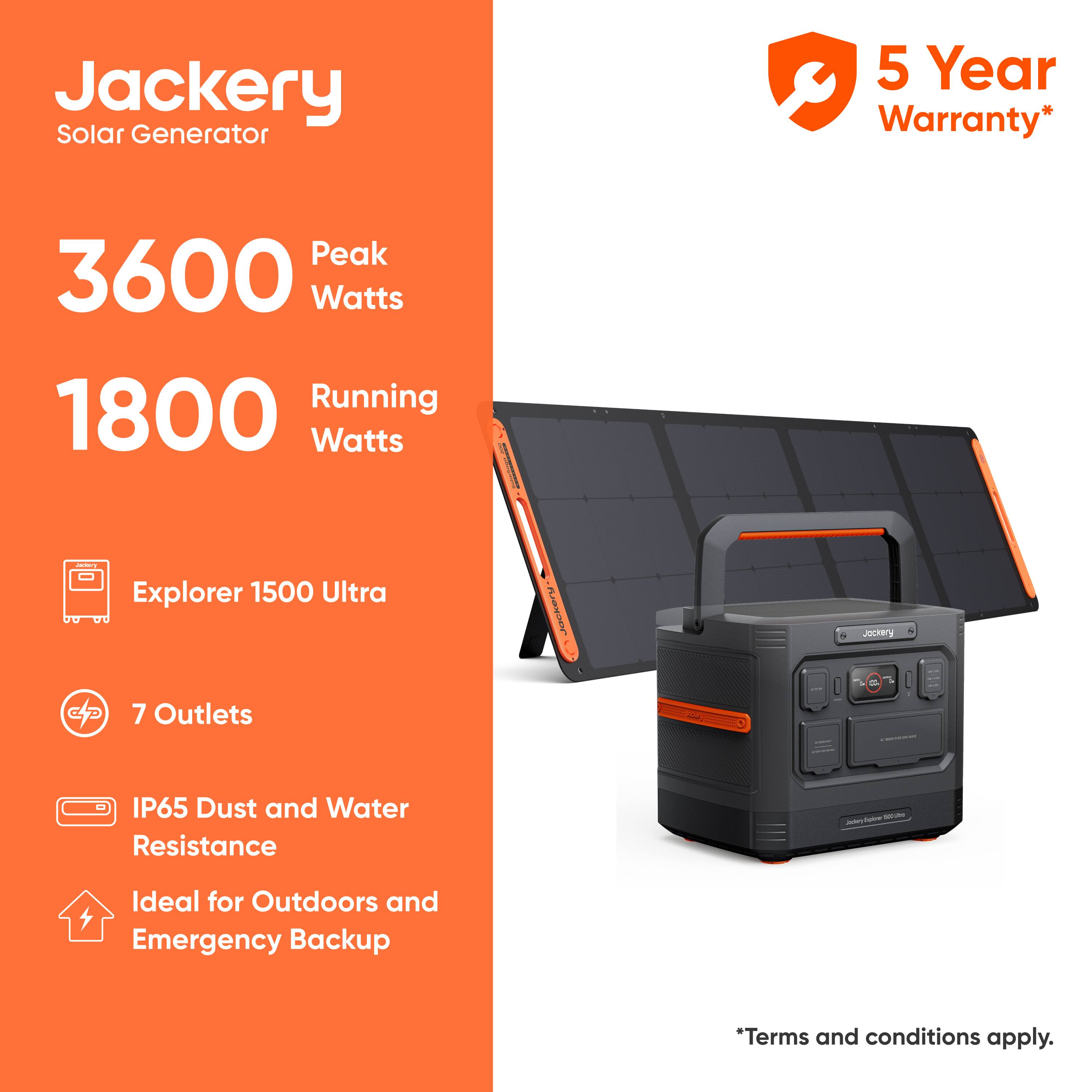 Jackery Solar Generator 5 Year Warranty* Peak 3600 Watts 1800 Running Watts Explorer 1500 Ultra - 7 Outlets IP65 Dust and Water Resistance - Ideal for Outdoors and Emergency Backup *Terms and conditions apply.