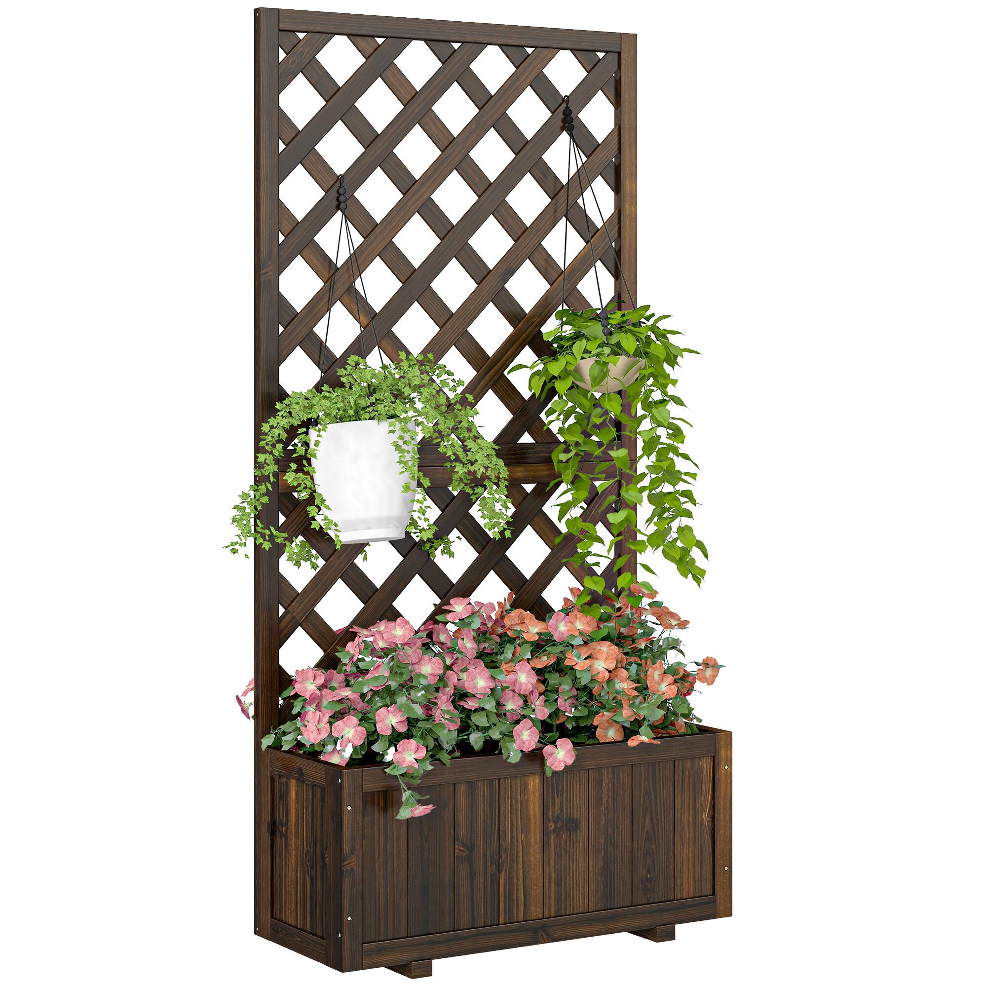 Outsunny - Wooden Raised Garden Bed Planting Planter Box with Trellis and Drain Holes for Climbing Vine Plants - Brown