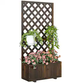 Outsunny - Wooden Raised Garden Bed Planting Planter Box with Trellis and Drain Holes for Climbing Vine Plants - Brown