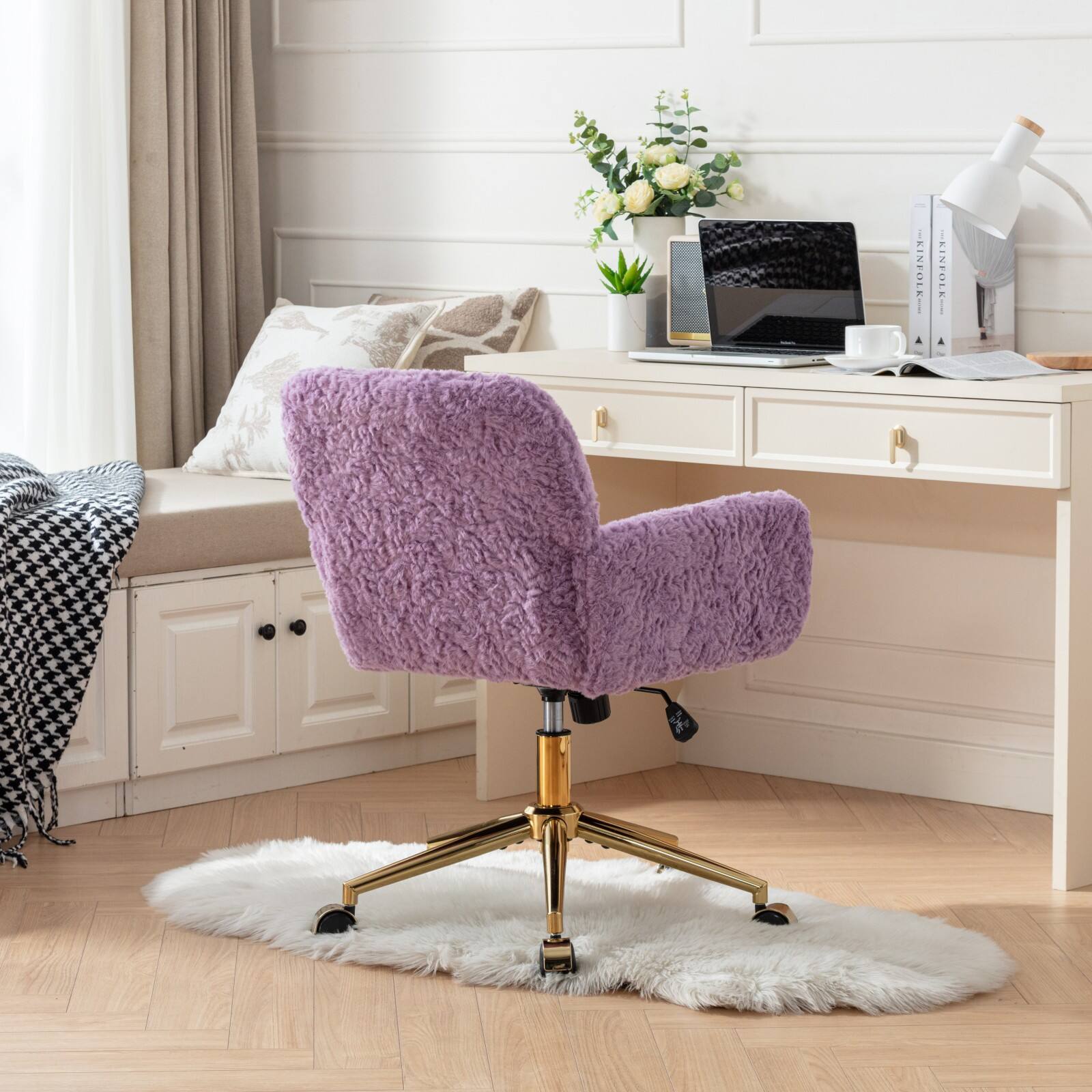Left. Z-Edge - Modern Home Office Desk Chair with Golden Metal Base, Adjustable Height, 360 Degree Swivel, Smooth-Rolling Wheels - Purple.