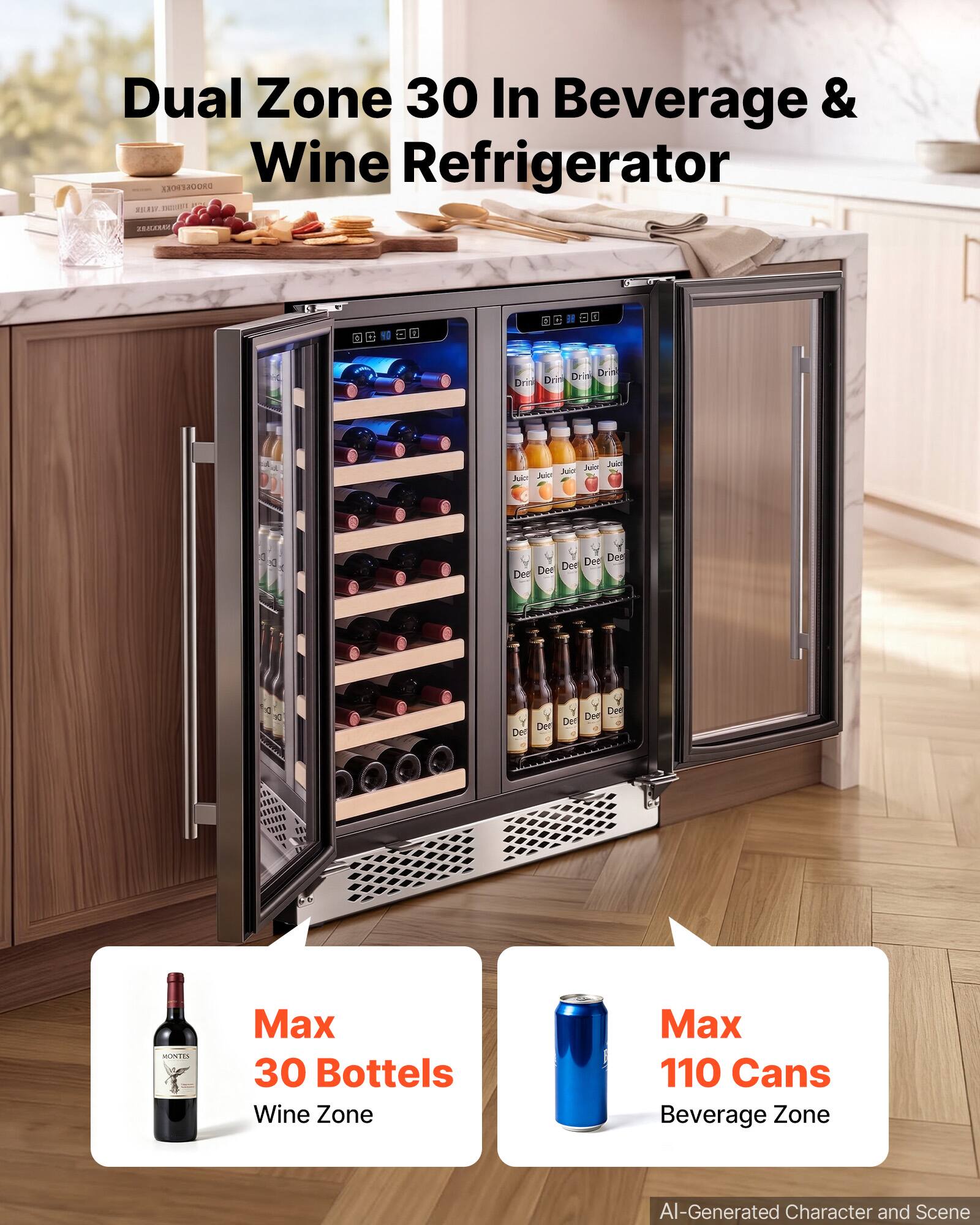 Dual Zone 30 In Beverage & Wine Refrigerator

Drink Drink Drink Drink
Juice Juice Juice Juice
Dec Dec Dec Dec Dec

Max 30 Bottles Wine Zone
Max 110 Cans Beverage Zone

AI-Generated Character and Scene