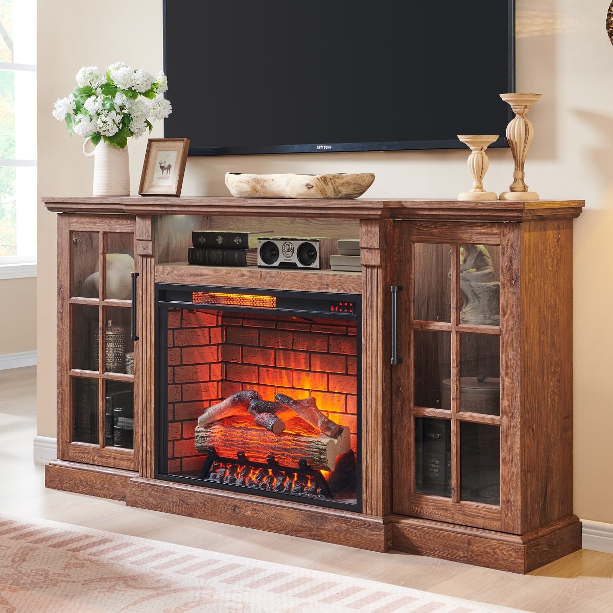 Loheer - 65 inch fireplace tv stand for 75 inch tv with 28 inch electric fireplace and LED Light - Antique Brown