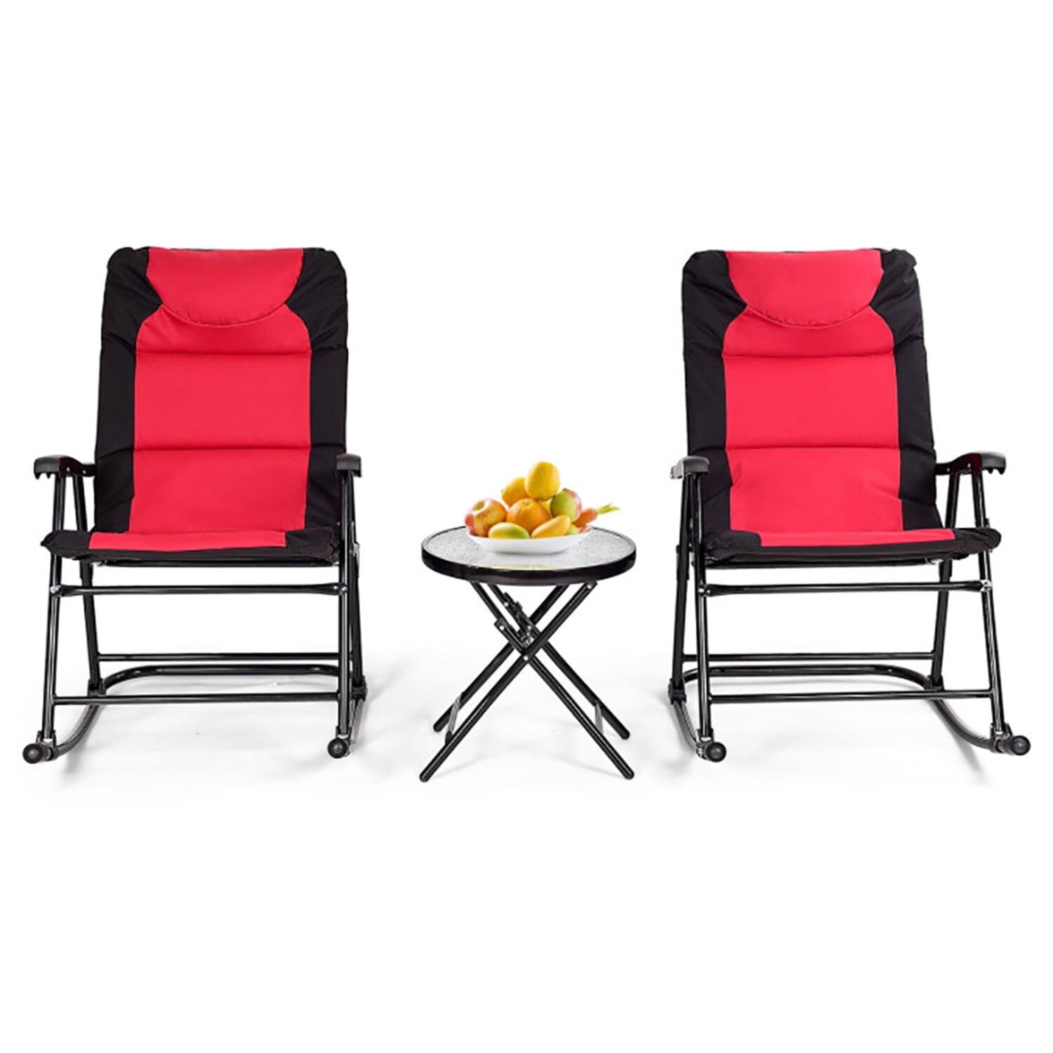 Angle. Kadyn - 3 Pieces Folding Rocking Chair Outdoor Side Table Set of 3 with Cushion, Black&Red - Red.