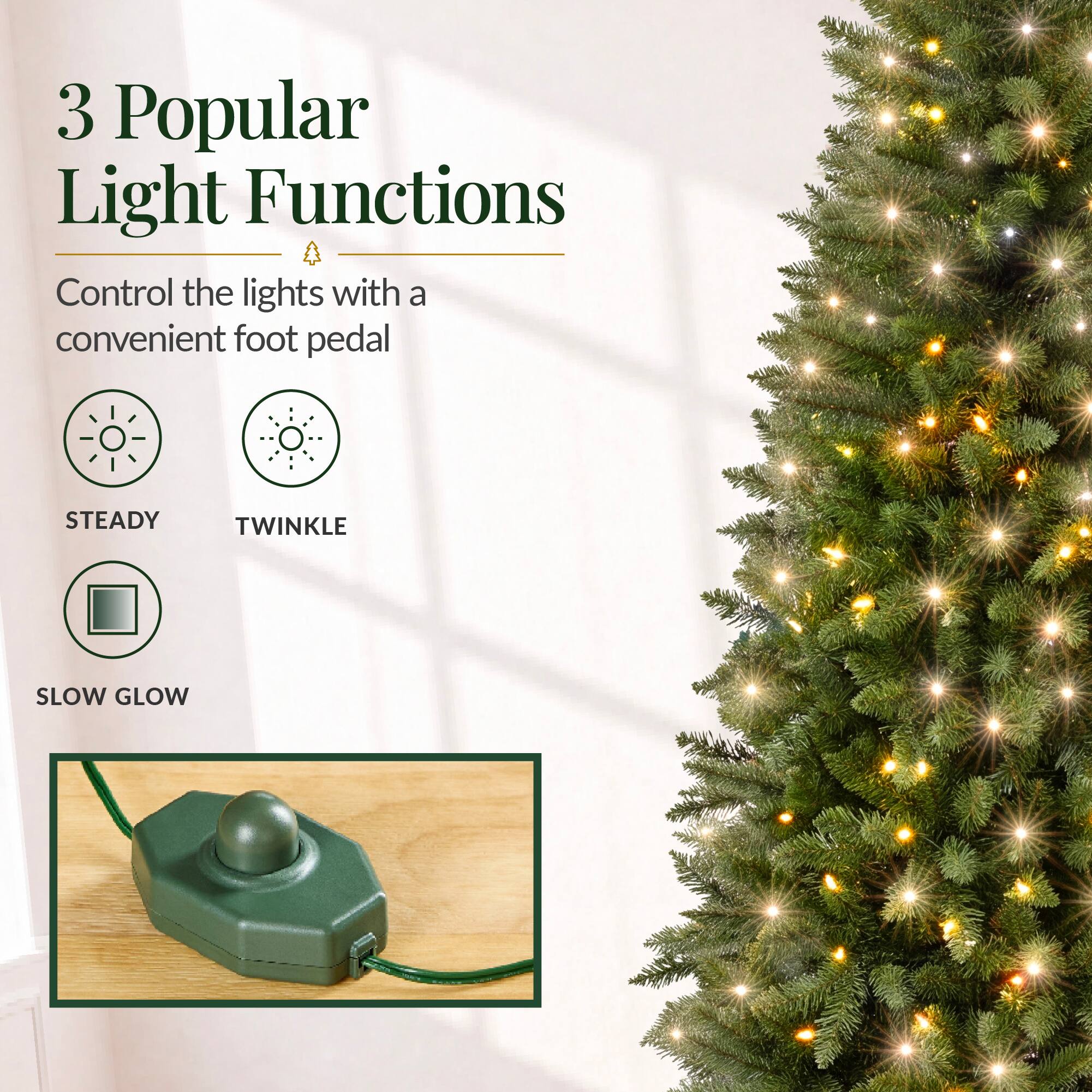 3 Popular Light Functions  
Control the lights with a convenient foot pedal  
STEADY  
TWINKLE  
SLOW GLOW
