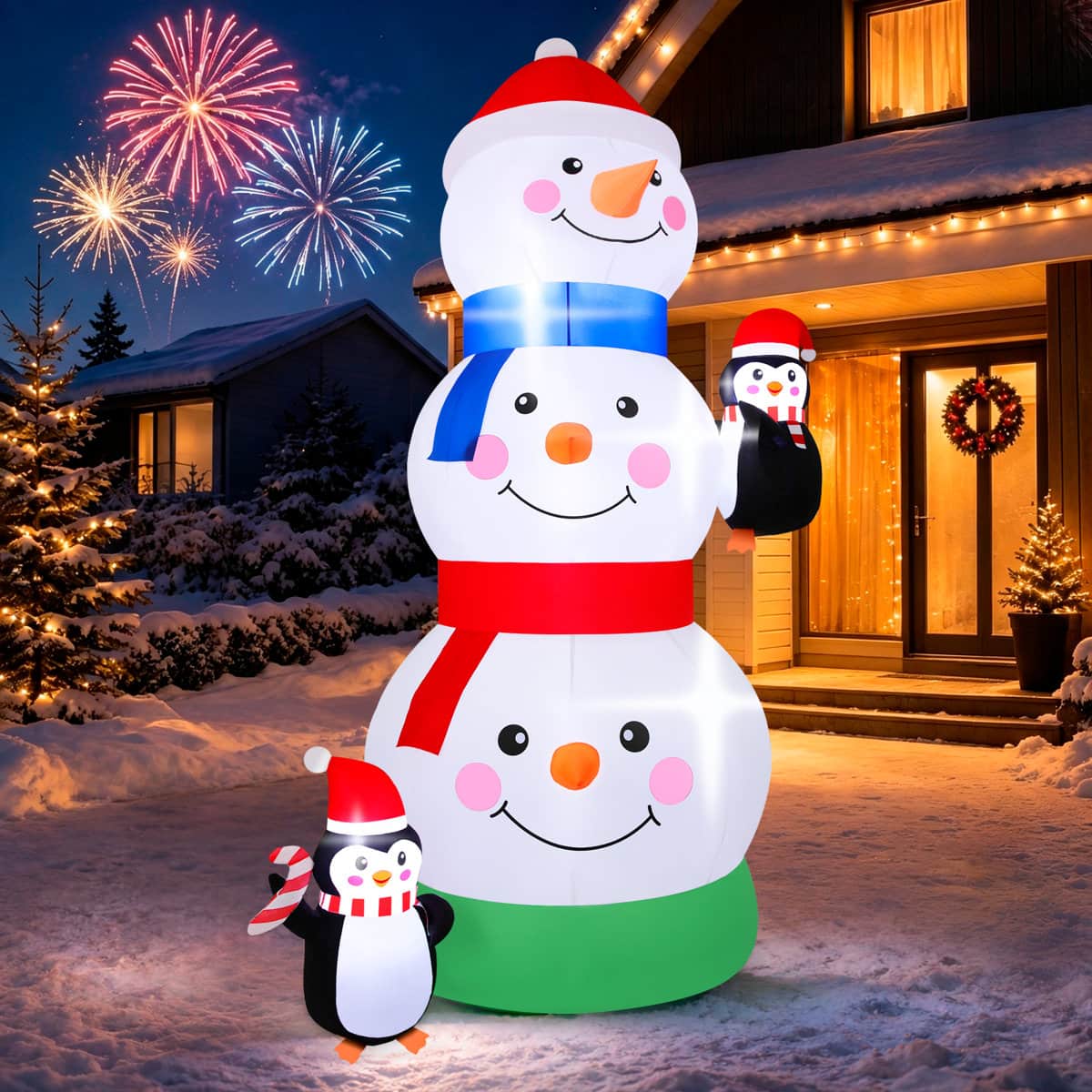 Wisairt - 6FT Christmas Inflatable Stacked Snowman Outdoor Yard Decoration with Built-in LED lihgts, 10s Fast Blow-up - Green|White|Red