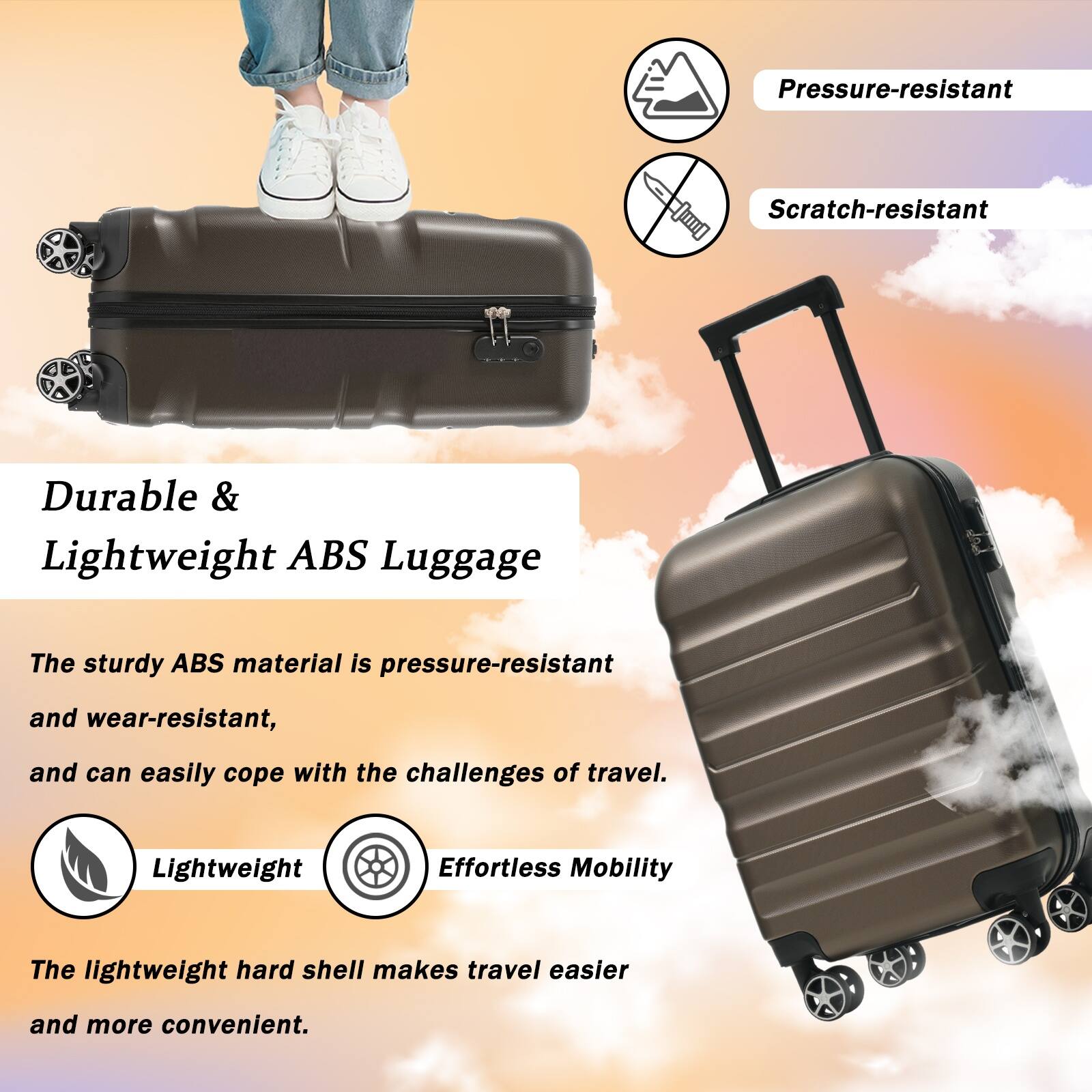 Durable & Lightweight ABS Luggage

The sturdy ABS material is pressure-resistant and wear-resistant, and can easily cope with the challenges of travel.

Lightweight Effortless Mobility

The lightweight hard shell makes travel easier and more convenient.

- Pressure-resistant
- Scratch-resistant
- Lightweight
- Effortless Mobility
