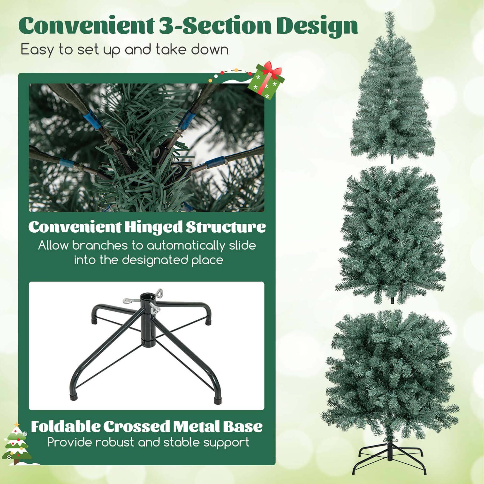 Convenient 3-Section Design: Easy to set up and take down.

Convenient Hinged Structure: Allow branches to automatically slide into the designated place.

Foldable Crossed Metal Base: Provide robust and stable support.