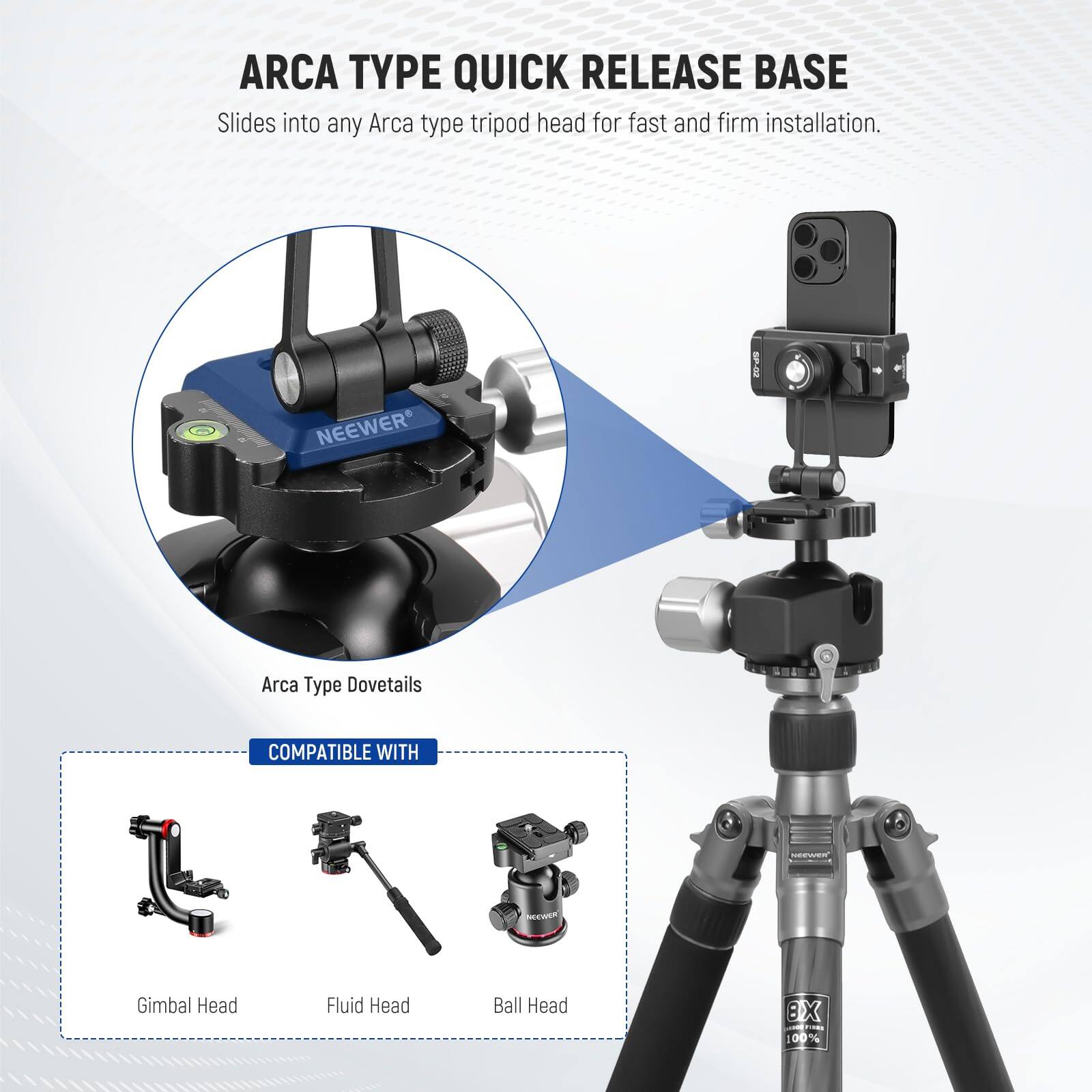 ARCA TYPE QUICK RELEASE BASE  
Slides into any Arca type tripod head for fast and firm installation.  

NEEWER 5P.82 Arca Type Dovetails  
COMPATIBLE WITH  
Gimbal Head  
Fluid Head  
Ball Head