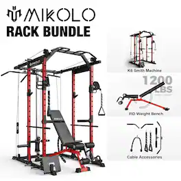 Mikolo - Power Rack Cage, 1500 lbs Weight Rack with Cable Crossover Machine, Multi-Function Squat Rack - Red