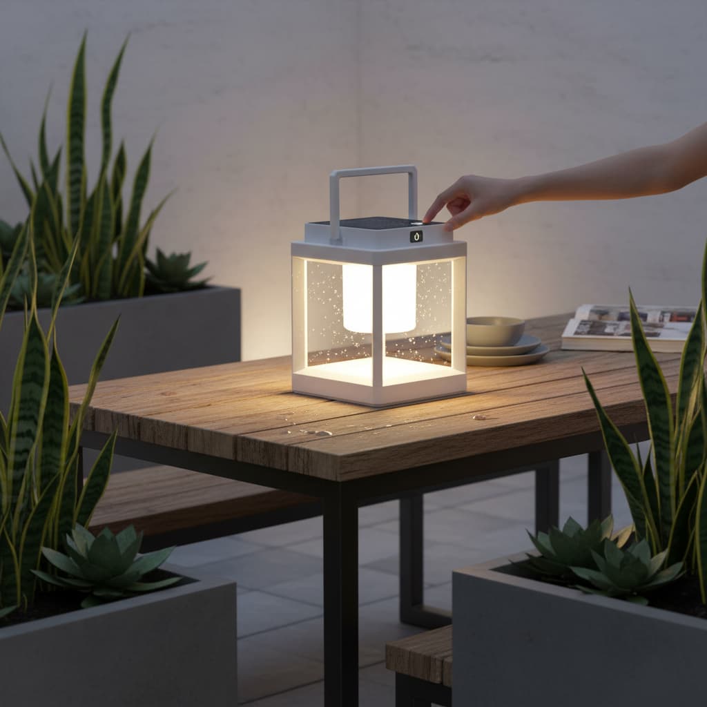 Alt View 2. FINEAK - 7.4" 3-Level Bright Solar Table Lamp - IP44 Waterproof Touch Rechargeable - White.