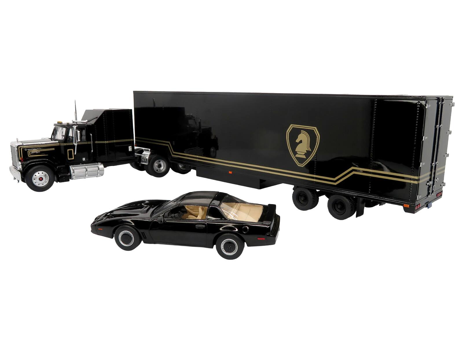 Angle. Iconic Replicas - 1980 GMC General Truck with Box Trailer Black Gold Stripes & 1982 Pontiac Firebird Trans Am Knight Set 1/43 - Black.
