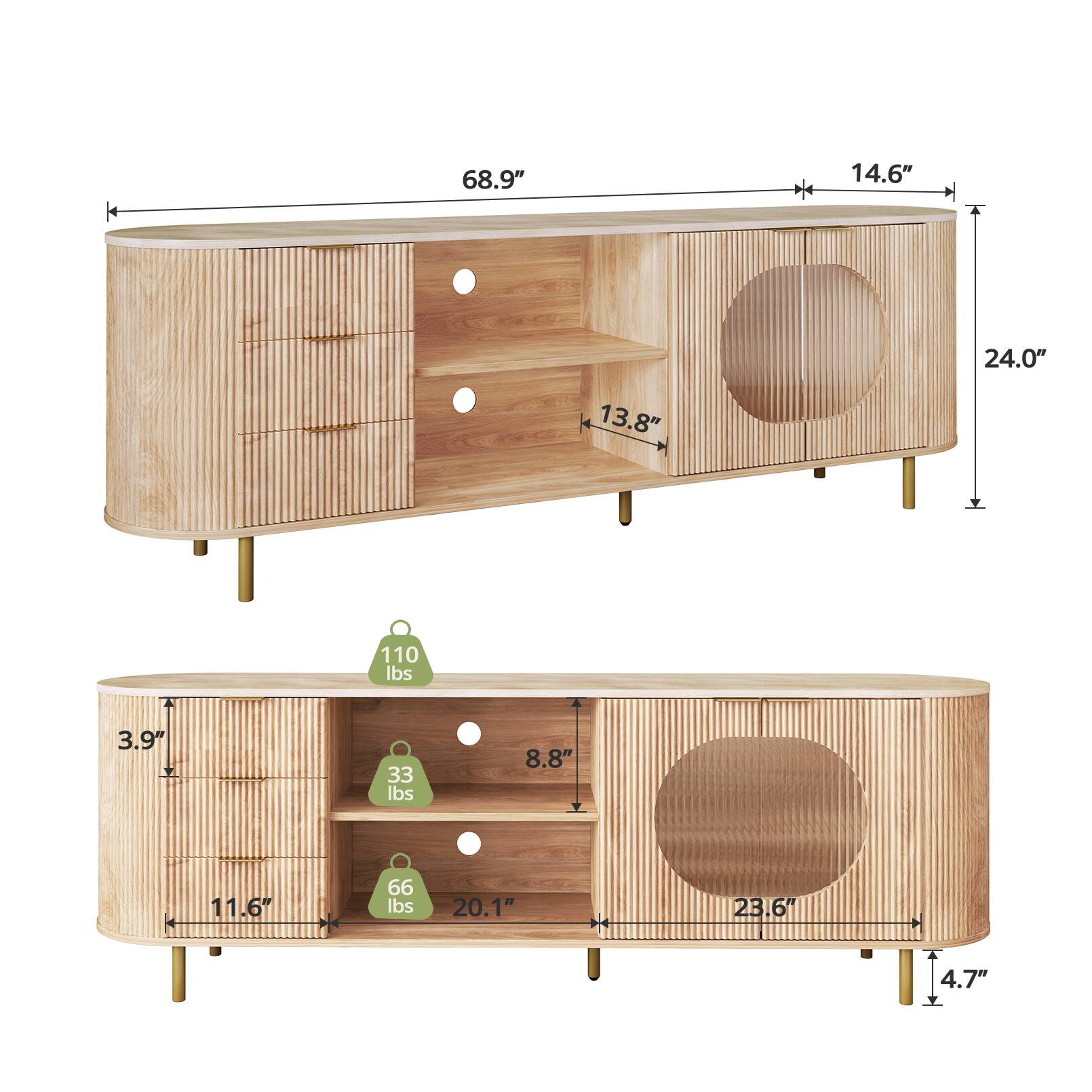 68.9" 14.6" 24.0" 13.8" 110 lbs 3.9" 33 lbs 8.8" 11.6" 66 lbs 20.1" 23.6" 4.7"
