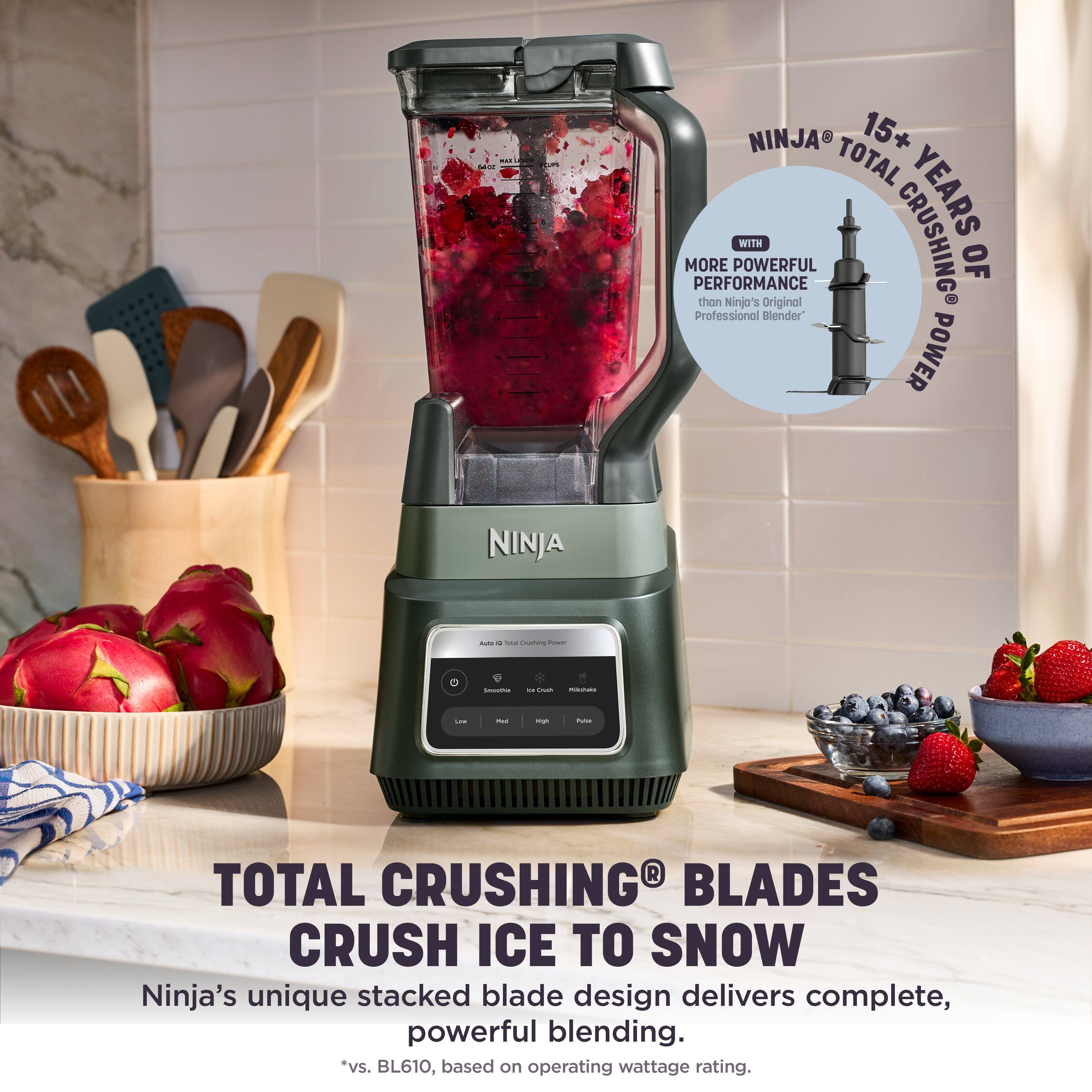 U MAR 54OZ 16  
DM 1  
NINJA: TOTAL 15+ MORE POWERFUL WITH CRUSHING YEARS OF PERFORMANCE than Ninja's Original Professional Blender POWER  
NINJA  
June a tox Crushing  
Smoothie  
"Crush  
Mashake  
Less  
mar  
high  
Polar  
TOTAL CRUSHING BLADES CRUSH ICE TO SNOW Ninja's unique stacked blade design delivers complete, powerful blending. *vs. BL610, based on operating wattage rating.
