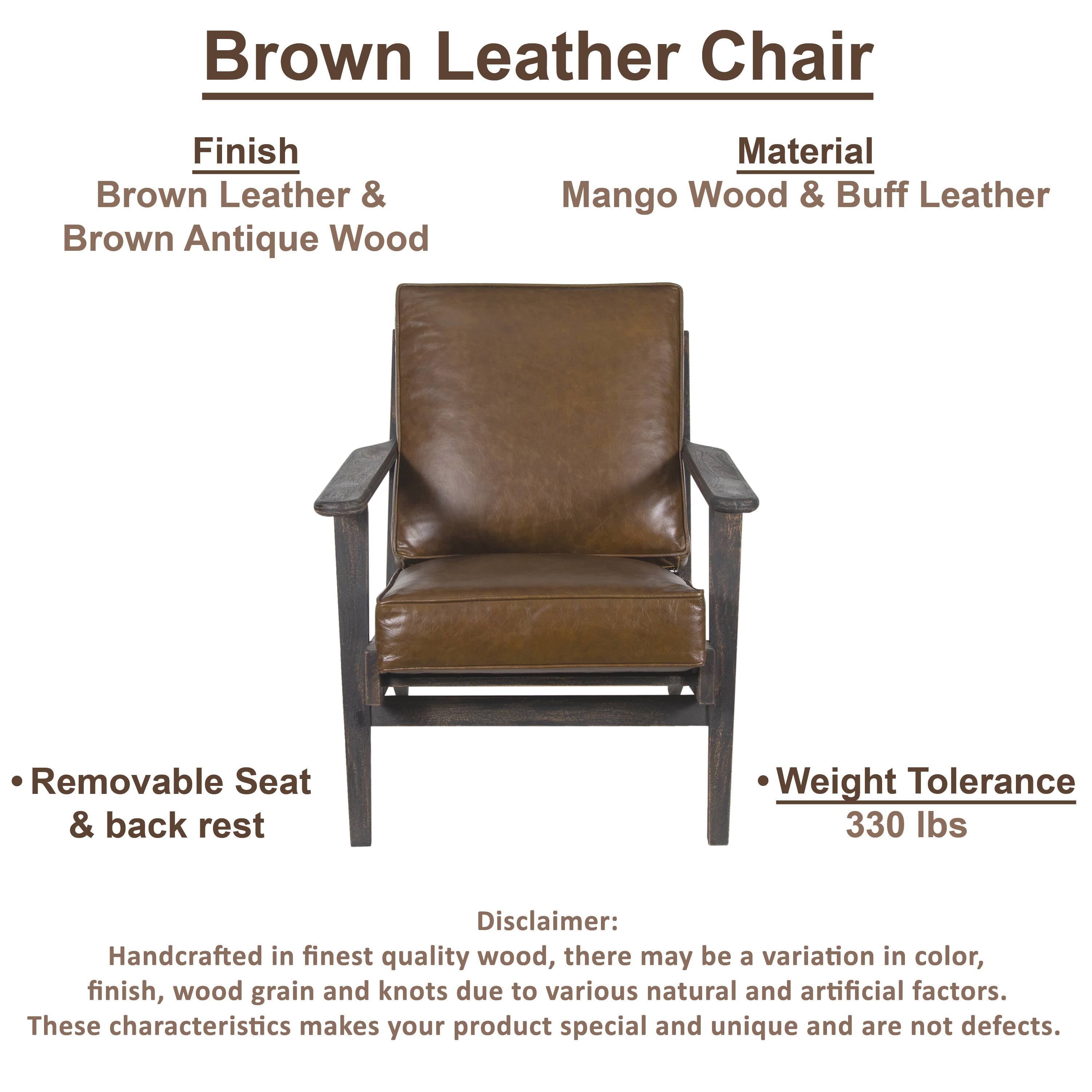 Brown Leather Chair
Finish: Brown Leather & Brown Antique Wood
Material: Mango Wood & Buff Leather
Removable Seat & back rest
Weight Tolerance: 330 lbs
Disclaimer: Handcrafted in finest quality wood, there may be a variation in color, finish, wood grain and knots due to various natural and artificial factors. These characteristics makes your product special and unique and are not defects.