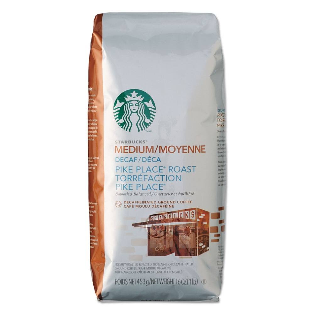 STARBUCKS  
MEDIUM/MOYENNE  
DECAF/DECA  
PIKE PLACE ROAST  
TORREFACTION  
PIKE PLACE  
Smooth & Balanced / Onctueux et équilibré  

DECAFFEINATED GROUND COFFEE  
CAFÉ MOULU DÉCAFÉINÉ  

FRESHLY ROASTED & PACKED 100% ARABICA DECAFFEINATED GROUND COFFEE  
CAFÉ MOULU DÉCAFÉINÉ FRAICHEMENT TORRIFIÉ  

POIDS NET 453 g / NET WEIGHT 16 OZ (1 lb)