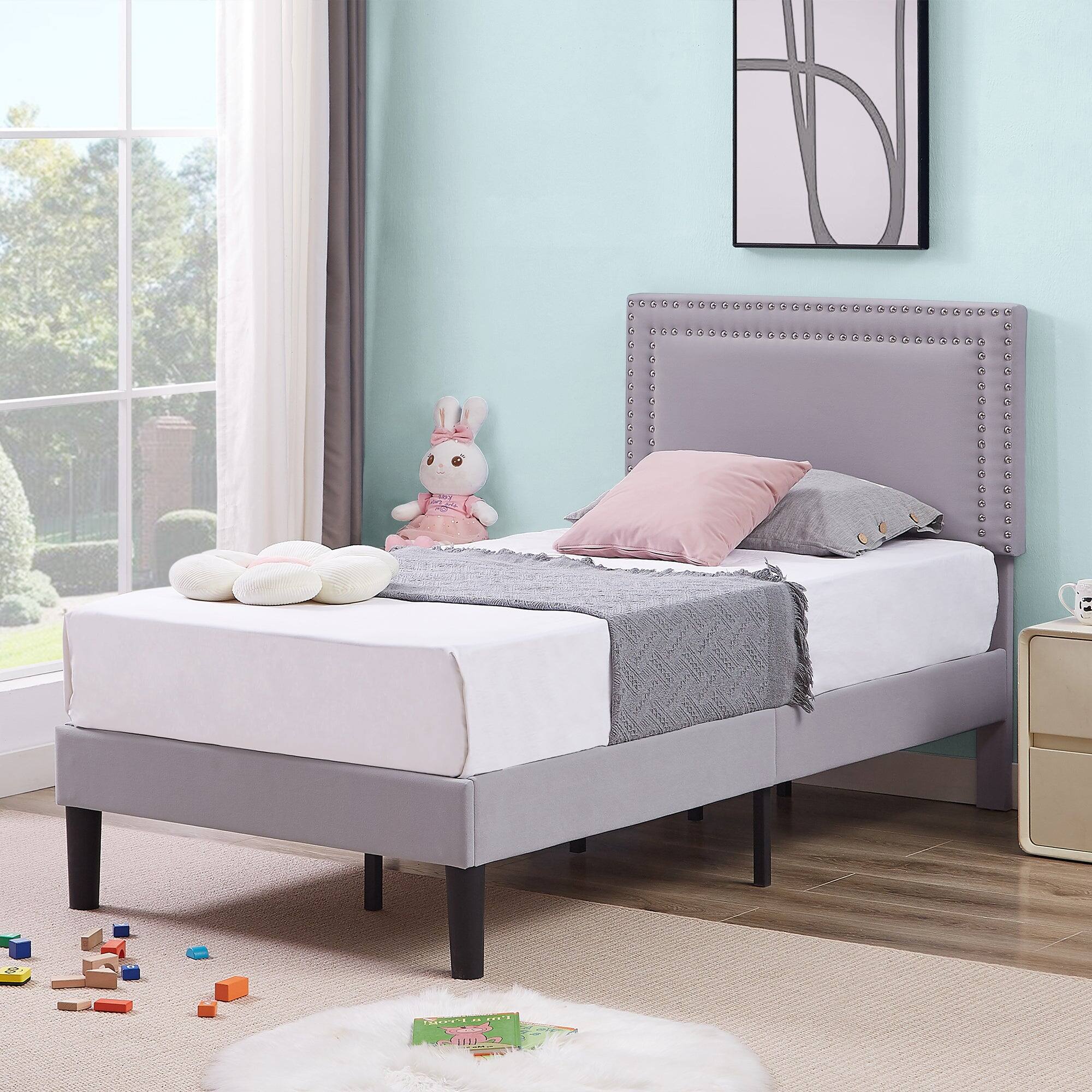 Alt View 2. Vecelo - Twin Size Platform Bed Frame with Adjustable Upholstered Headboard, Strong Wood Slat Support,No Box Spring Needed - Light Gray.
