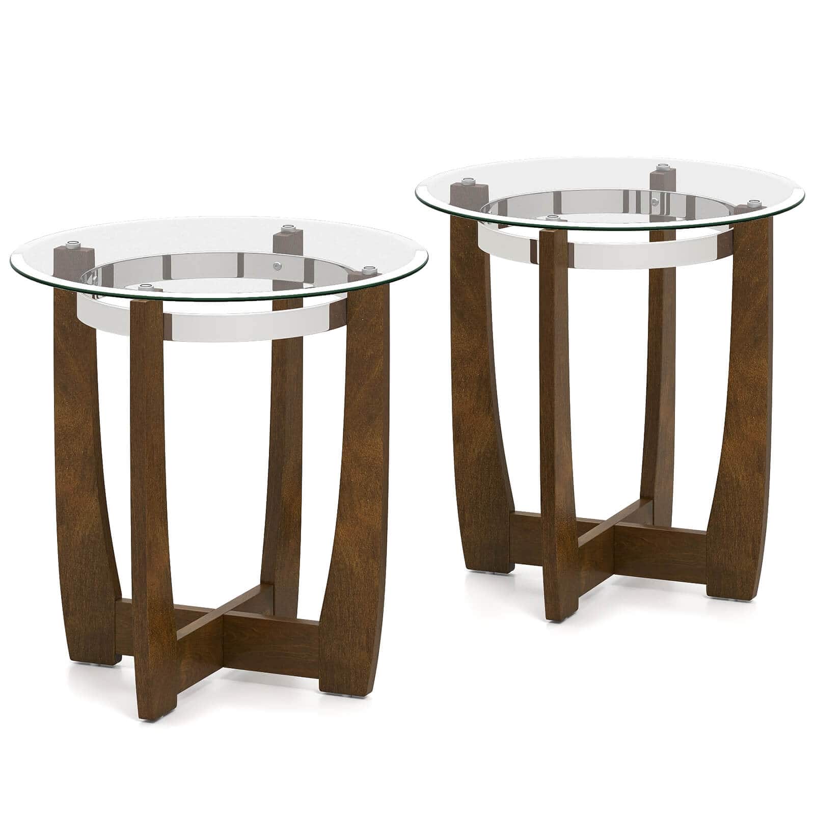 Costway - 2 PCS 24" Round Side Table Glass End Table with Tempered Glass Top Cross Walnut - Transparent & Walnut