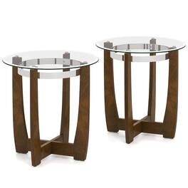 Costway - 2 PCS 24" Round Side Table Glass End Table with Tempered Glass Top Cross Walnut - Transparent & Walnut