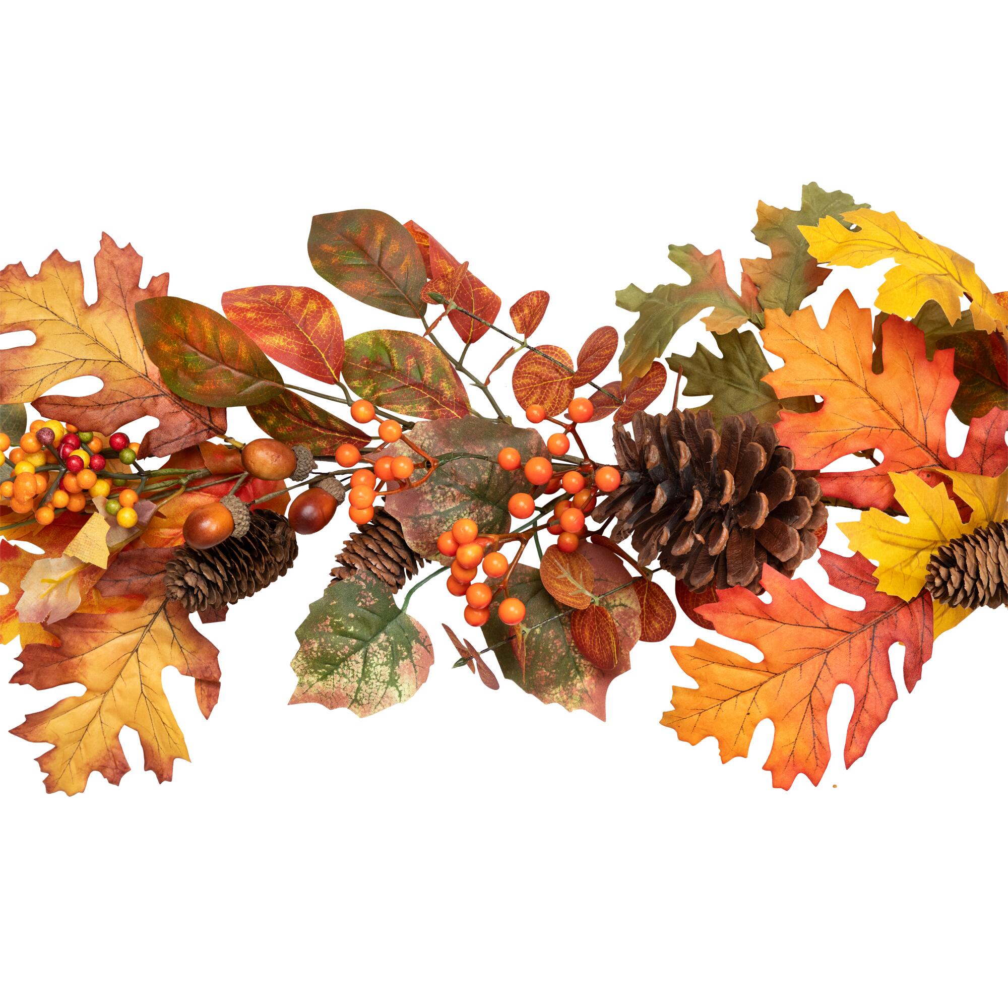 Alt View 4. Northlight - Acorns, Pinecones and Mixed Autumn Foliage Artificial Fall Harvest Garland - 5' x 8" - Orange.