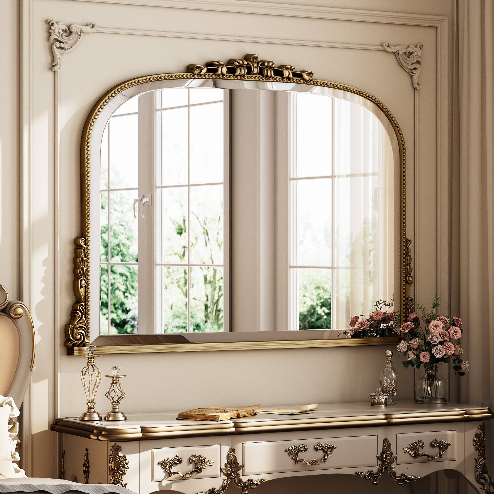 Angle. Easly - Antique Bronze 32 in. W x 44 in. H Carved Arched PU Frame Vanity Wall Mirror - Antique Bronze.