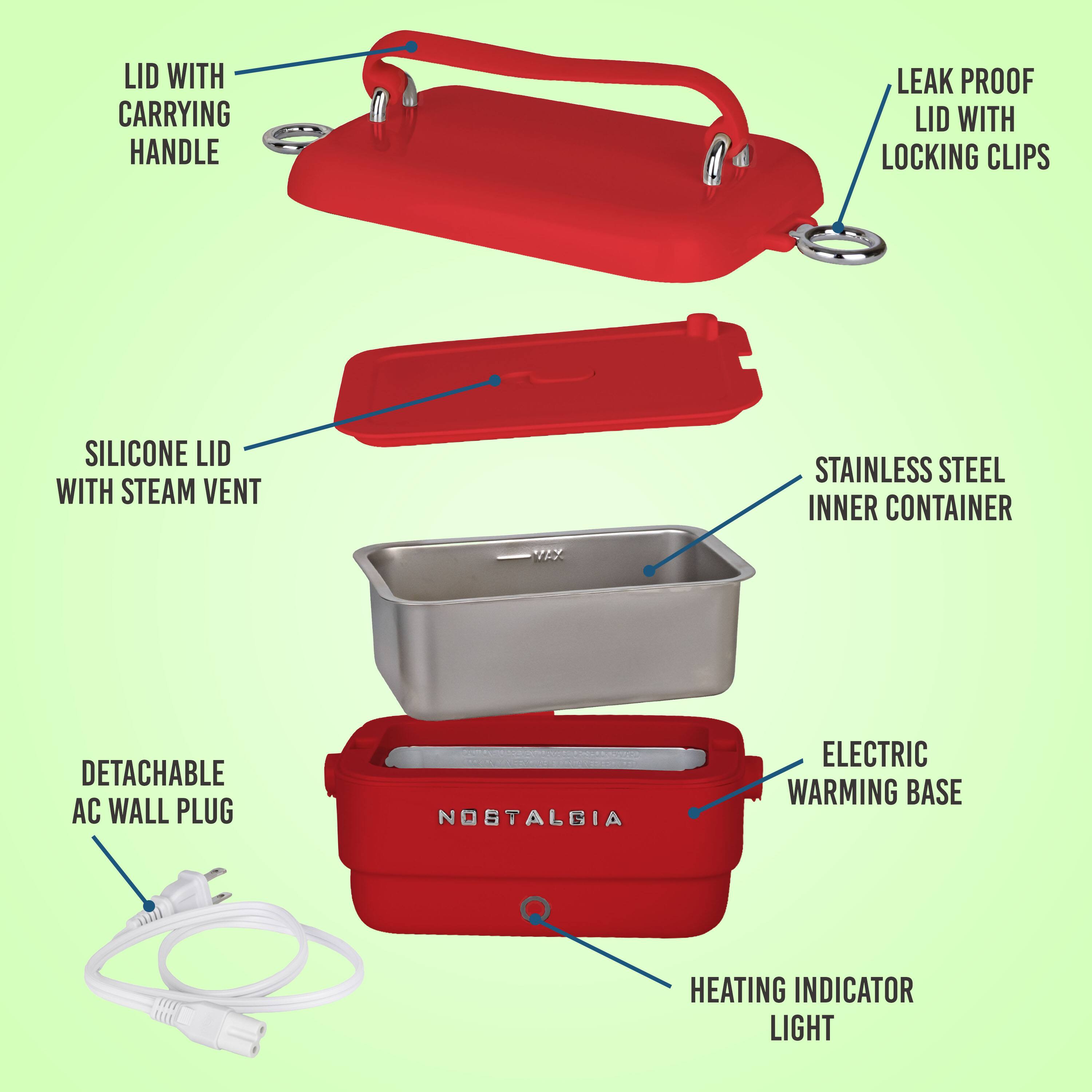 LID WITH CARRYING HANDLE  
LEAK PROOF LID WITH LOCKING CLIPS  
SILICONE LID WITH STEAM VENT  
STAINLESS STEEL INNER CONTAINER  
DETACHABLE AC WALL PLUG  
NOSTALGIA  
ELECTRIC WARMING BASE  
HEATING INDICATOR LIGHT
