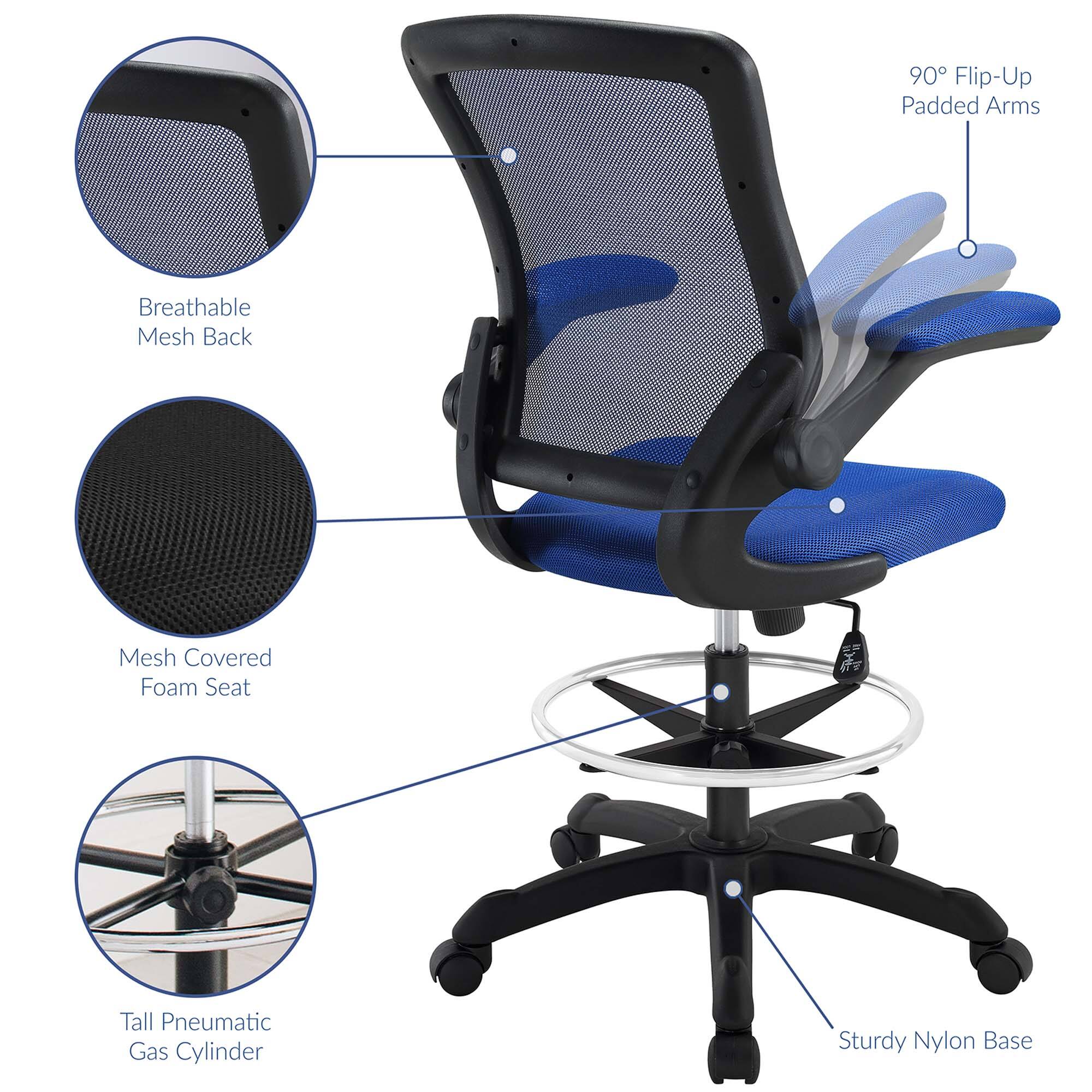 - 90° Flip-Up Padded Arms
- Breathable Mesh Back
- Mesh Covered Foam Seat
- Tall Pneumatic Gas Cylinder
- Sturdy Nylon Base