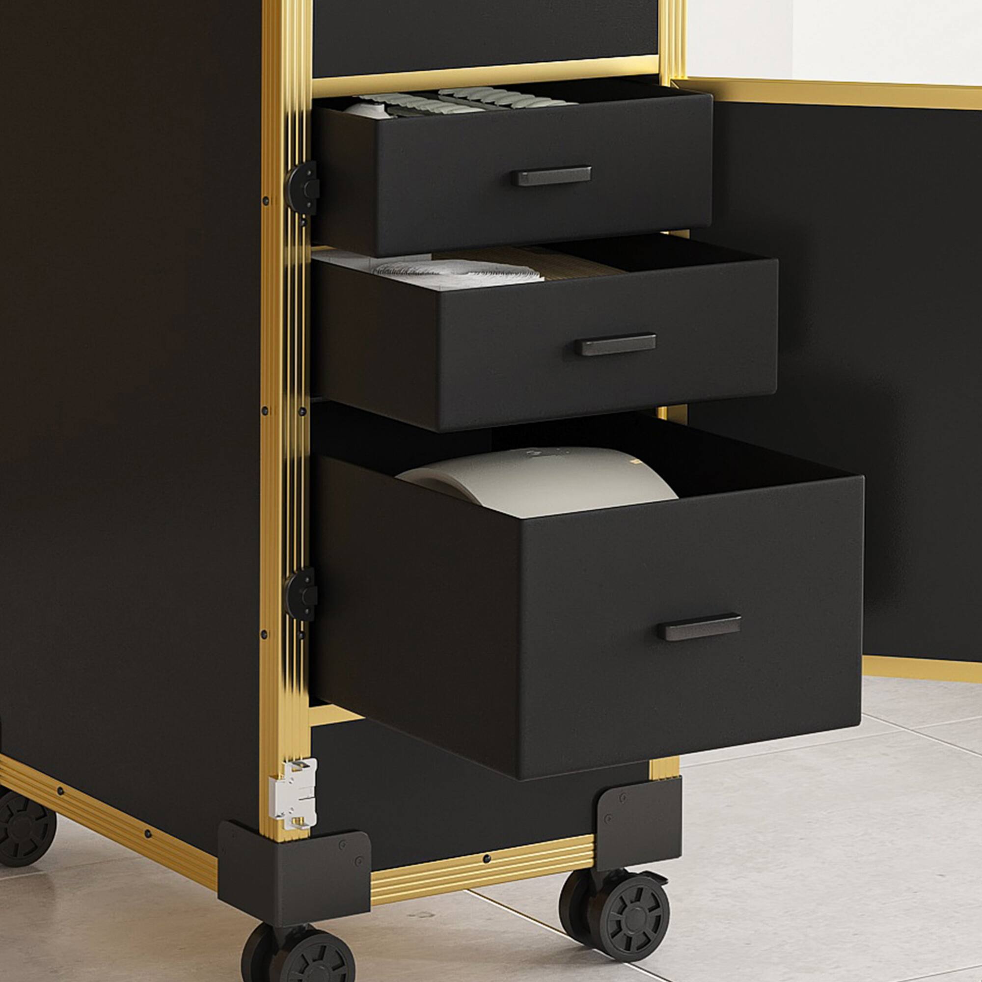 Alt View 7. GOODSILO - Professional Folding Nail Art Table with LED Mirror Bluetooth Speaker Lockable Drawers Telescopic Pole Salon Station - Black+Gold.