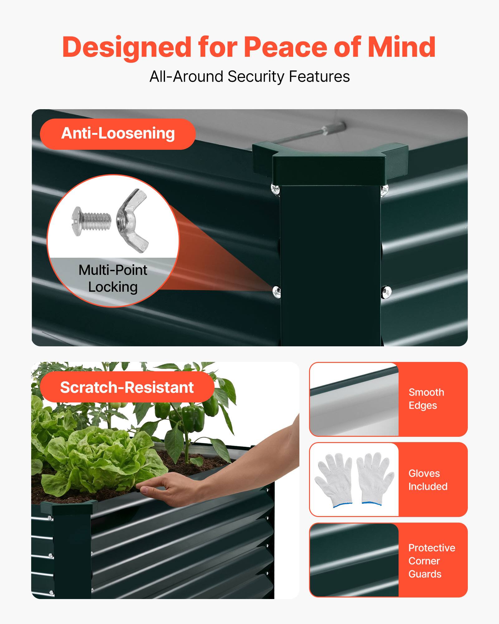 Designed for Peace of Mind  
All-Around Security Features  

- Anti-Loosening  
  - Multi-Point Locking  

- Scratch-Resistant  
  - Smooth Edges  
  - Gloves Included  
  - Protective Corner Guards