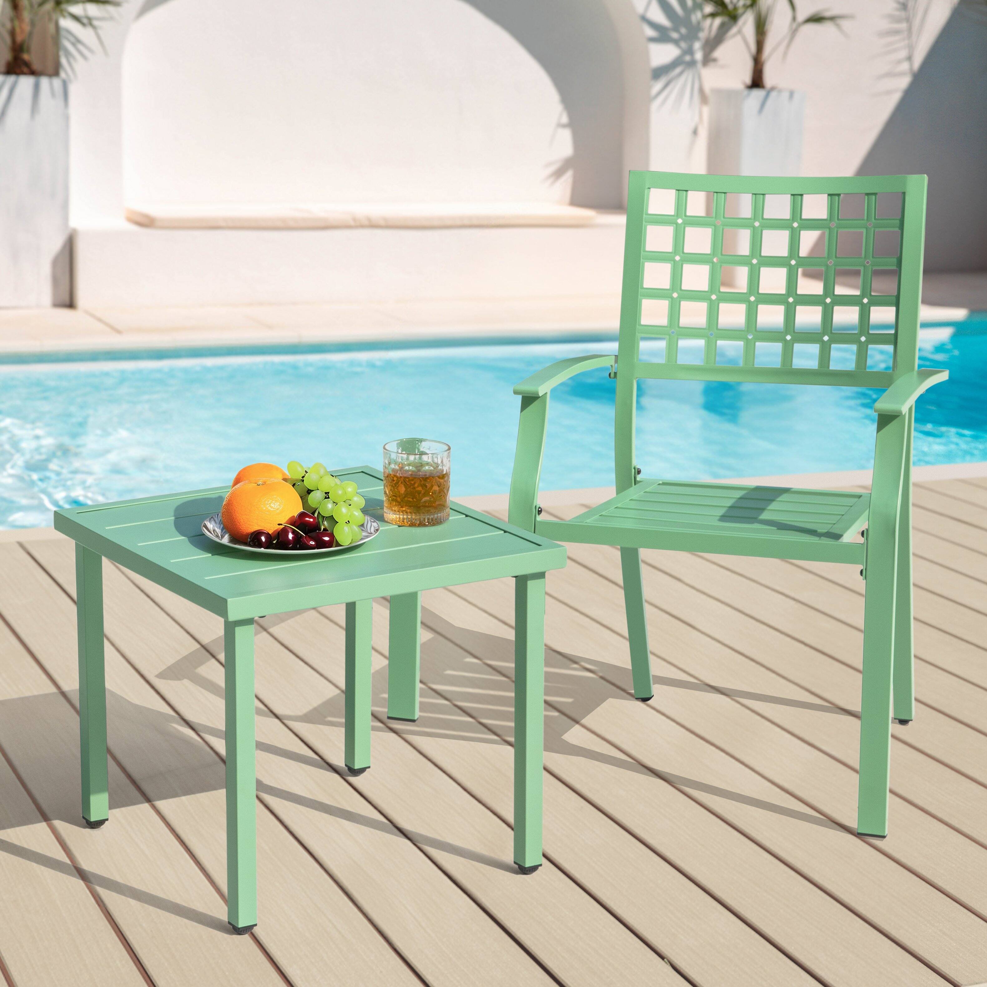 Alt View 6. Nuu Garden - 3-Piece Metal Patio Bistro Set with Stackable Chairs and Square Side Table - Green.