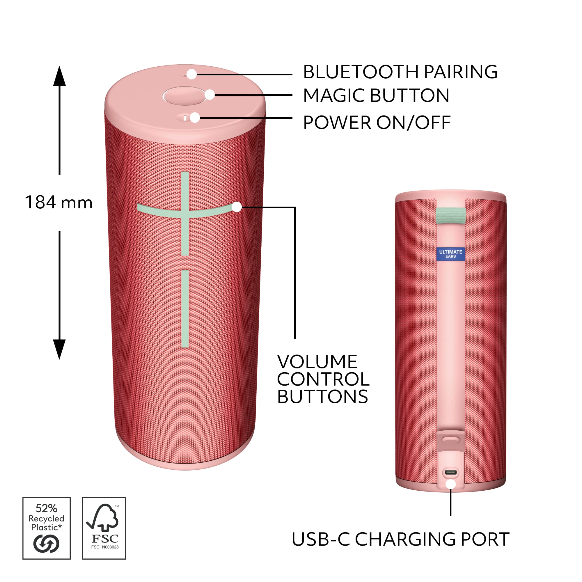 The image features a red object with a cross on it, and it has a USB-C charging port. The object also has a Bluetooth pairing magic button and a power on/off button. Additionally, there is a volume control button on the object. The object is made of 52% recycled plastic, and it is labeled with the FSC logo.