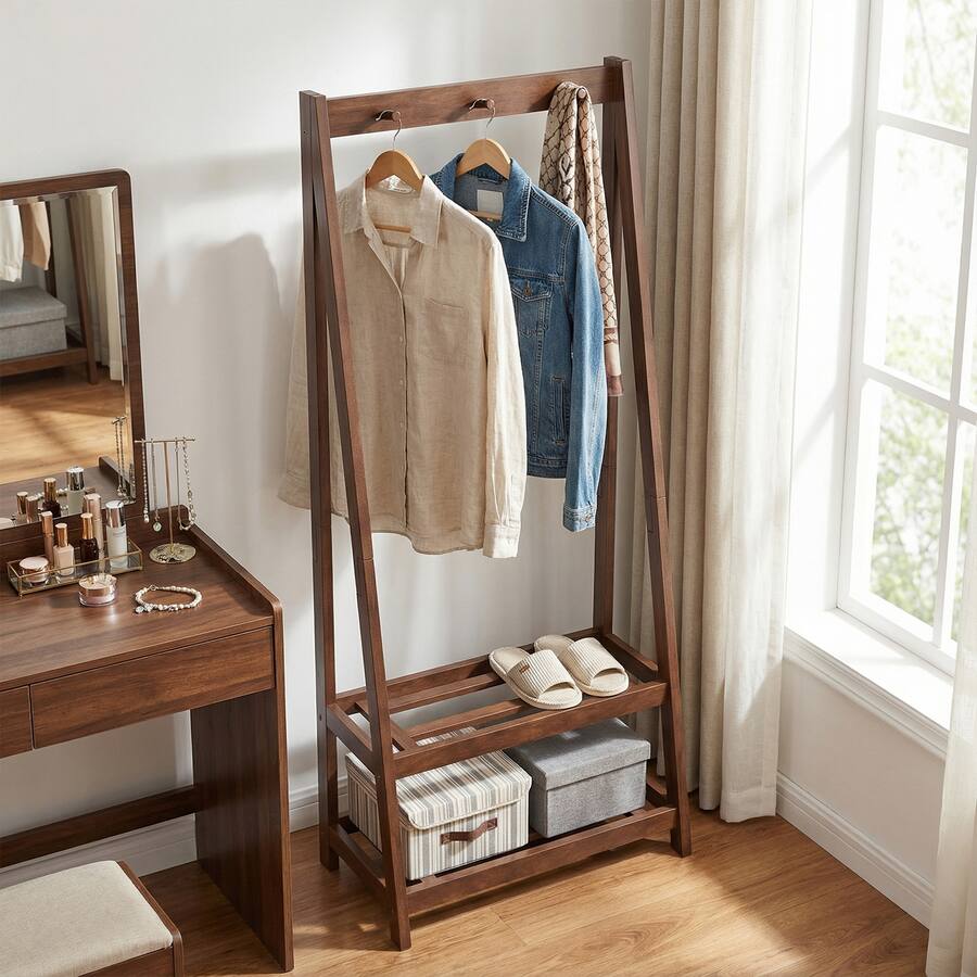 Rube Garment Rack Gymax Rubber Wood Garment Rack w/3 Hooks & 2 Shelves for Entryway ...