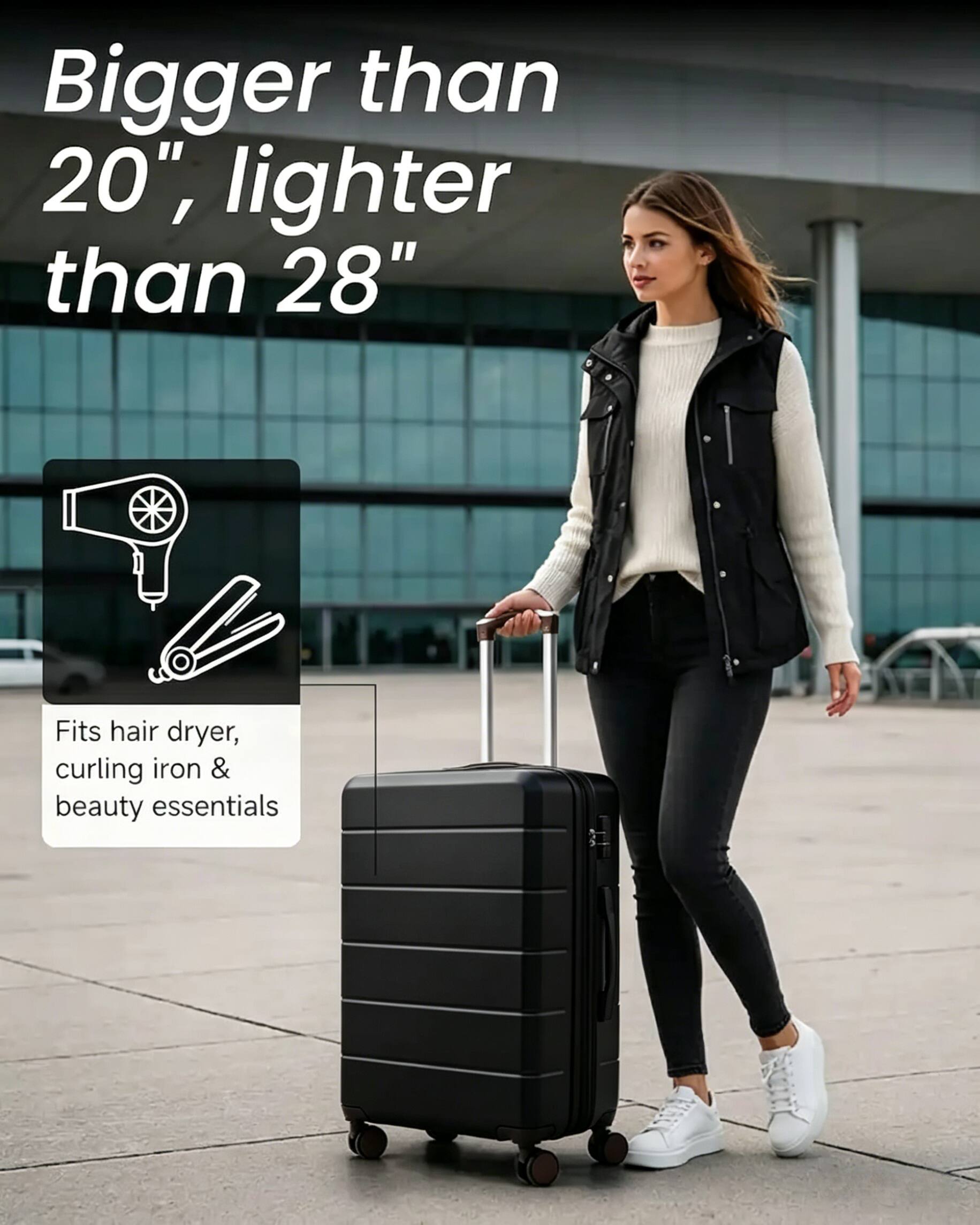 Bigger than 20", lighter than 28"

Fits hair dryer, curling iron & beauty essentials
