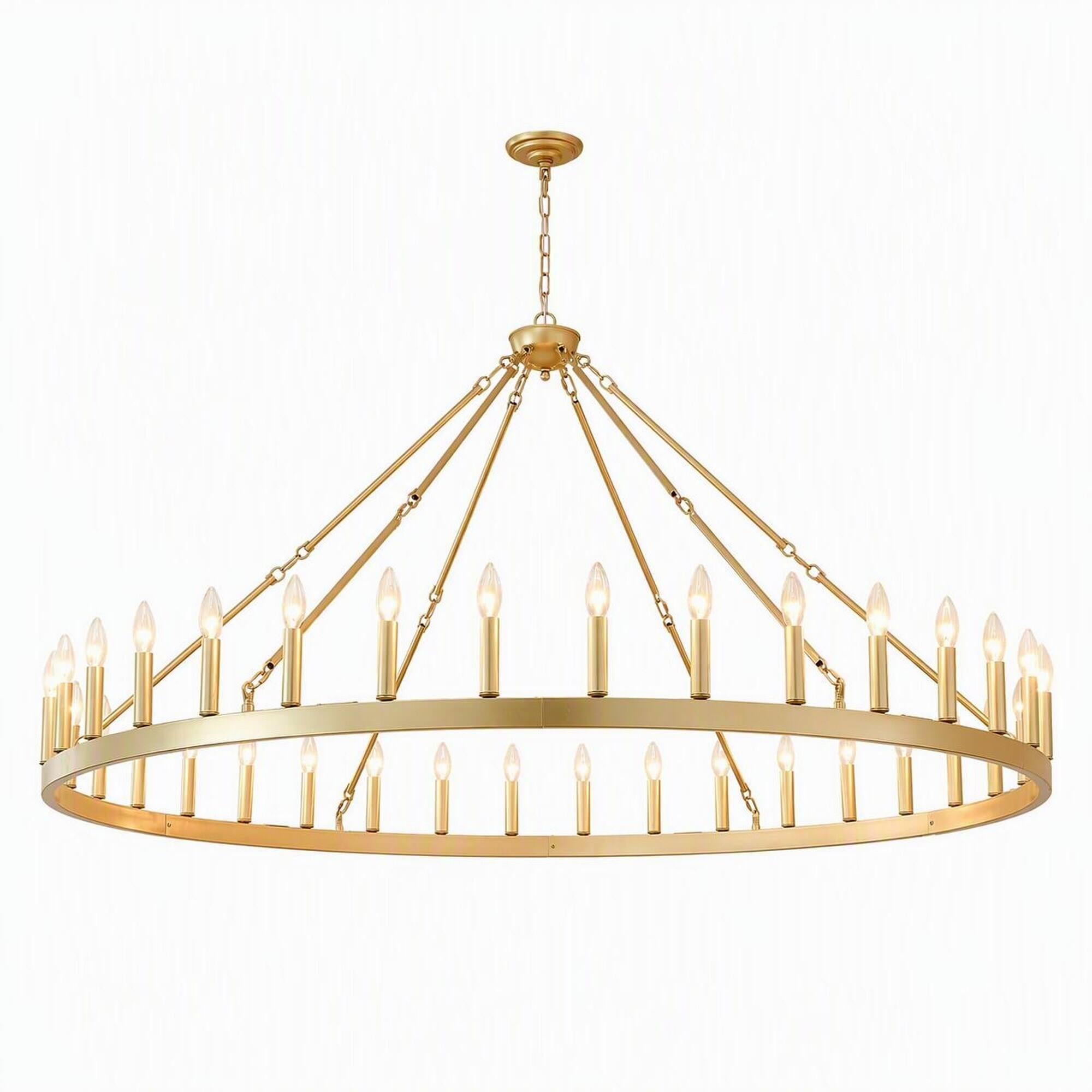 Front. RYHNUYNE - 36-Light Extra Large Gold Wagon Wheel Chandelier for High Ceilings, Rustic Farmhouse Round Pendant Light for Dining Room.