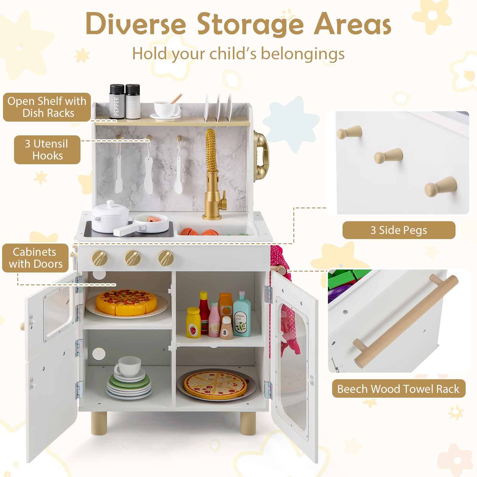 Diverse Storage Areas  
Hold your child's belongings  

- Open Shelf with Dish Racks  
- 3 Utensil Hooks  
- Cabinets with Doors  
- 3 Side Pegs  
- Beech Wood Towel Rack