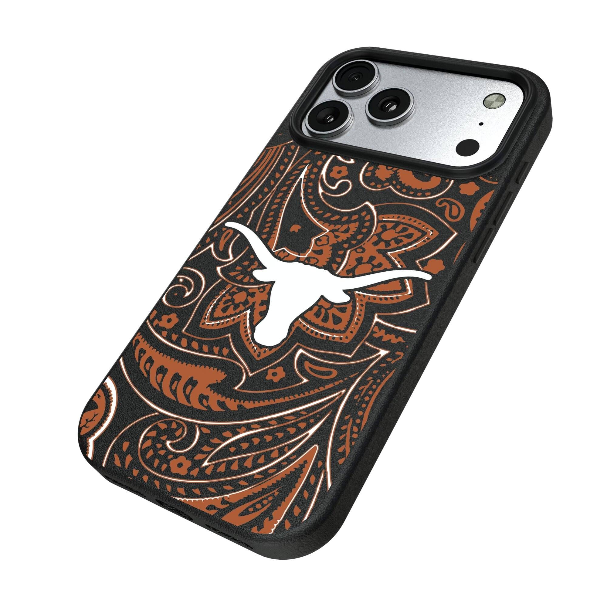 Alt View 1. Keyscaper - Texas Longhorns Paisley iPhone Magnetic Bump Case - 16 Plus - Black.