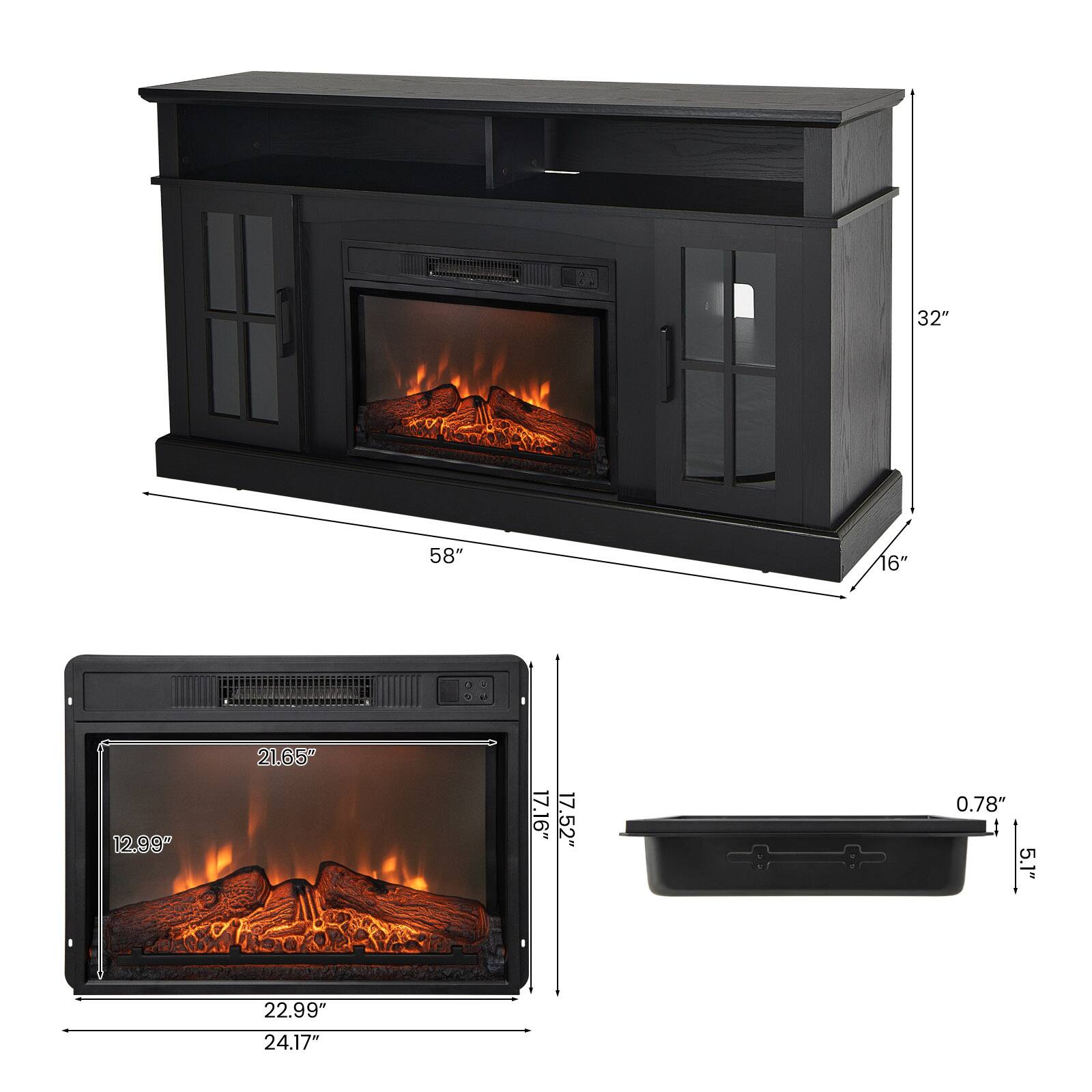 - Height: 32"
- Width: 58"
- Depth: 16"
- Firebox Height: 21.65"
- Firebox Width: 22.99"
- Firebox Depth: 12.99"
- Overall Depth: 24.17"
- Drawer Height: 5.1"
- Drawer Depth: 17.52"
- Drawer Width: 0.78"