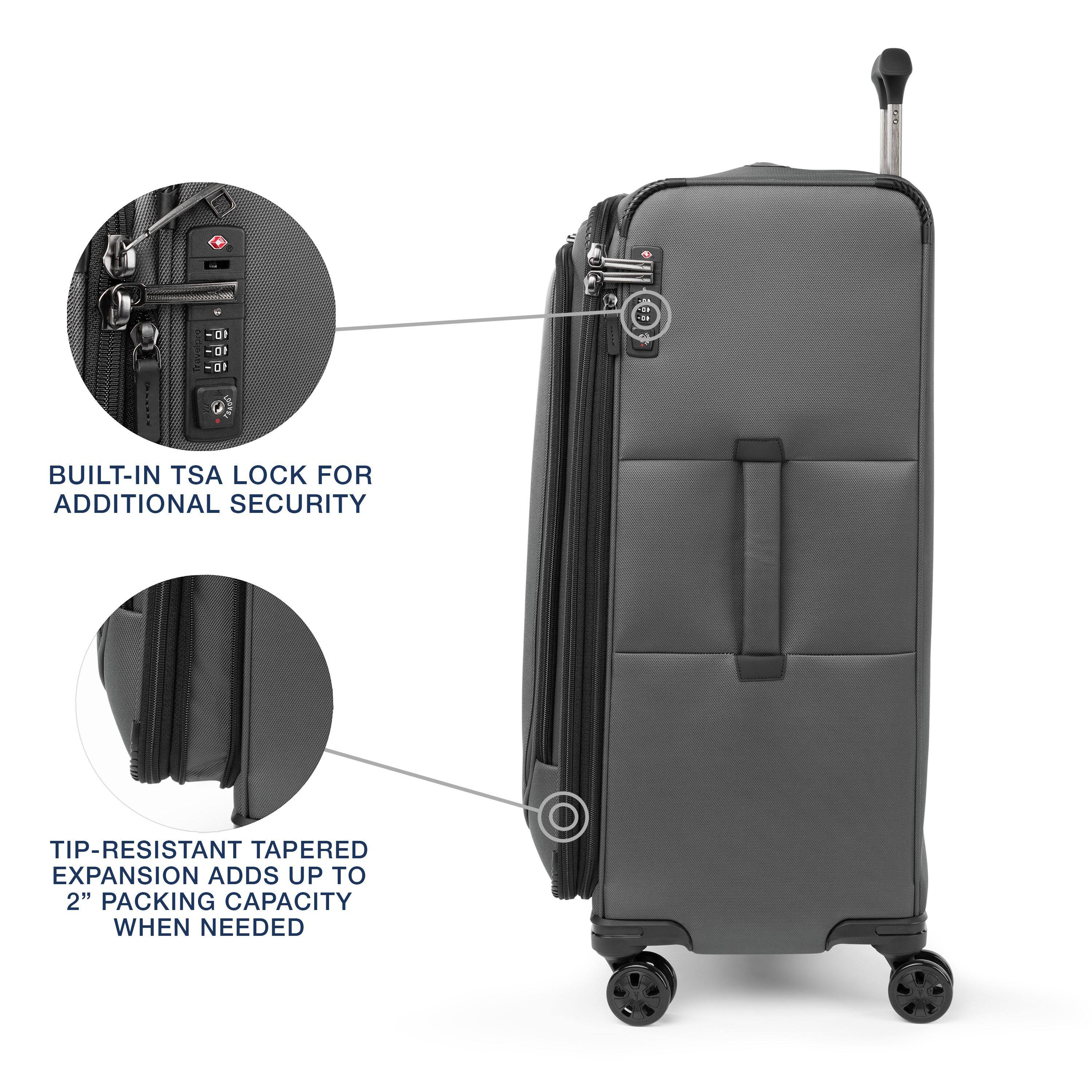 BUILT-IN TSA LOCK FOR ADDITIONAL SECURITY

TIP-RESISTANT TAPERED EXPANSION ADDS UP TO 2" PACKING CAPACITY WHEN NEEDED