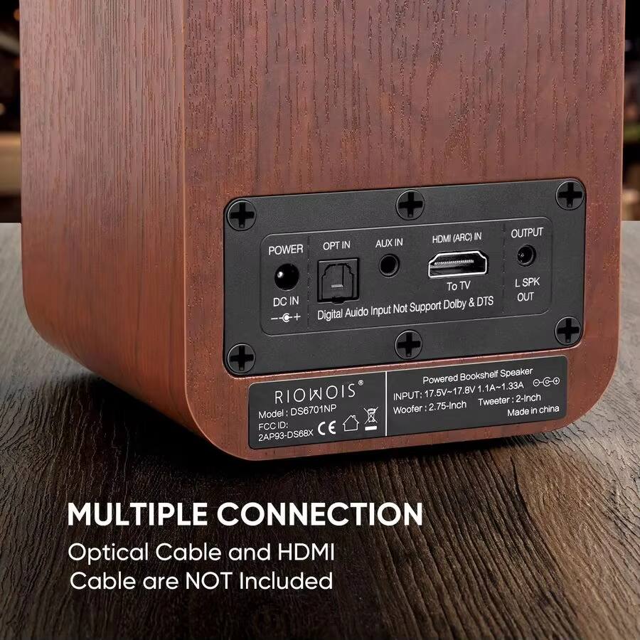 POWER  
OPT IN  
AUX IN  
HDMI (ARC) IN  
DC IN  
OUTPUT  
L SPK OUT  

Digital Audio Input Not Support Dolby & DTS  

Powered Bookshelf Speaker  
INPUT: 17.5V-17.8V 1A-1.33A  
Tweeter: 2-Inch  
Woofer: 2.75-Inch  
Made in China  

Model: DS6701NP  
FCC ID: 2AP93-DS68X  
CE  

MULTIPLE CONNECTION  
Optical Cable and HDMI Cable are NOT Included