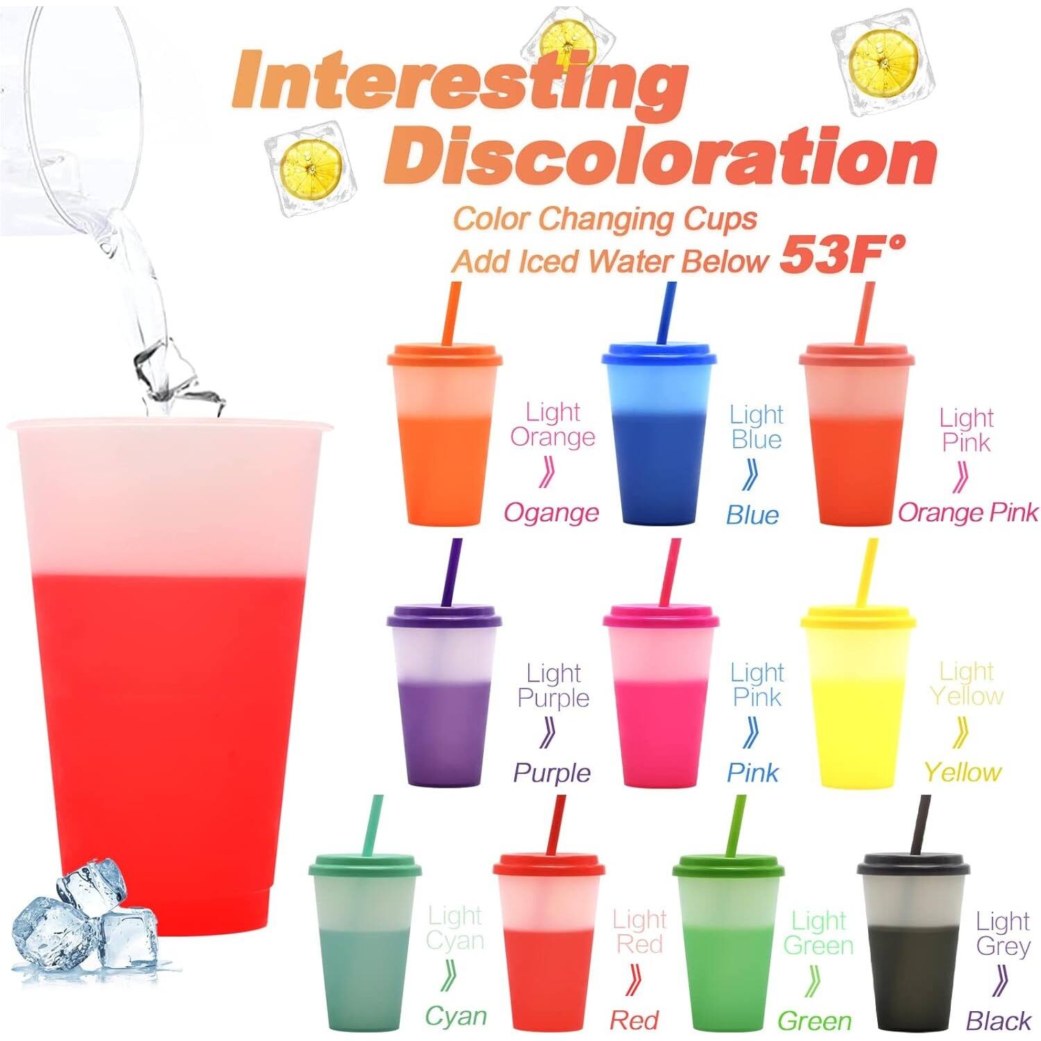 Interesting Discoloration Color Changing Cups Add Iced Water Below 53F Light Orange Light Blue Light Pink Orange Blue Orange Pink Light Purple Light Pink Light Yellow Purple Pink Yellow Light Cyan Light Red Light Green Light Grey Cyan Red Green Black