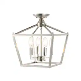 Jonathan Y - Plains 12" 4-Light Modern Farmhouse Metal Open-Frame Pagoda LED Semi Flush Mount Mini Lantern - Nickel