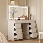 Front. Famapy - Large 3 - Color Lighting LED Vanity Desk with Oversized Illuminated Mirror Ample Storage Drawers & Crystal Knobs - White.