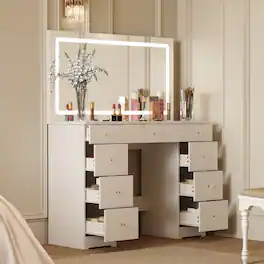 Famapy - Large 3 - Color Lighting LED Vanity Desk with Oversized Illuminated Mirror Ample Storage Drawers & Crystal Knobs - White