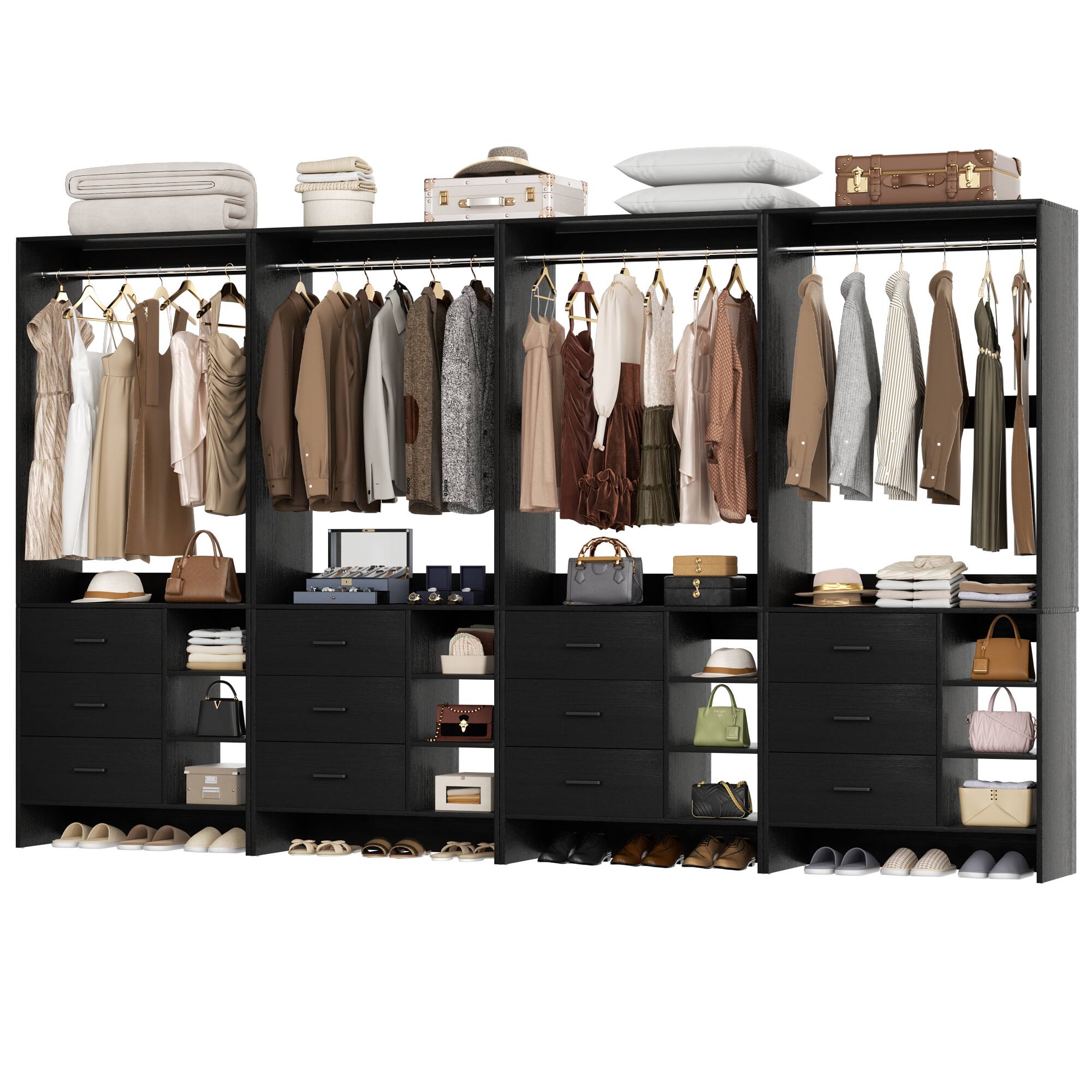 Back. Aheaplus - 10FT Large Closet System 4-Piece Set with 12 Drawers, 118'' Walk-in Closet Organizer with Hanging Rods for Closet - Black.