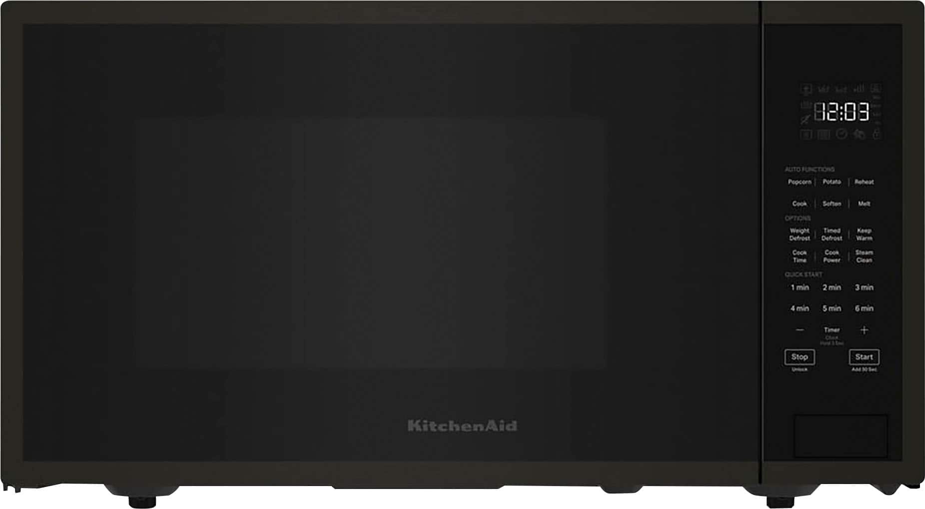 The text on the image reads:
08:08 Auto Functions Popcorn Potato Reheat Cook Soften Melt OPTIONS Weight Timed Defrost Defrost Keep Warm Cook Time Cook Power Steam Clean Quick Start 1 min 2 min 3 min 4 min 5 min 6 min Timer + Stop Start 30 KitchenAid