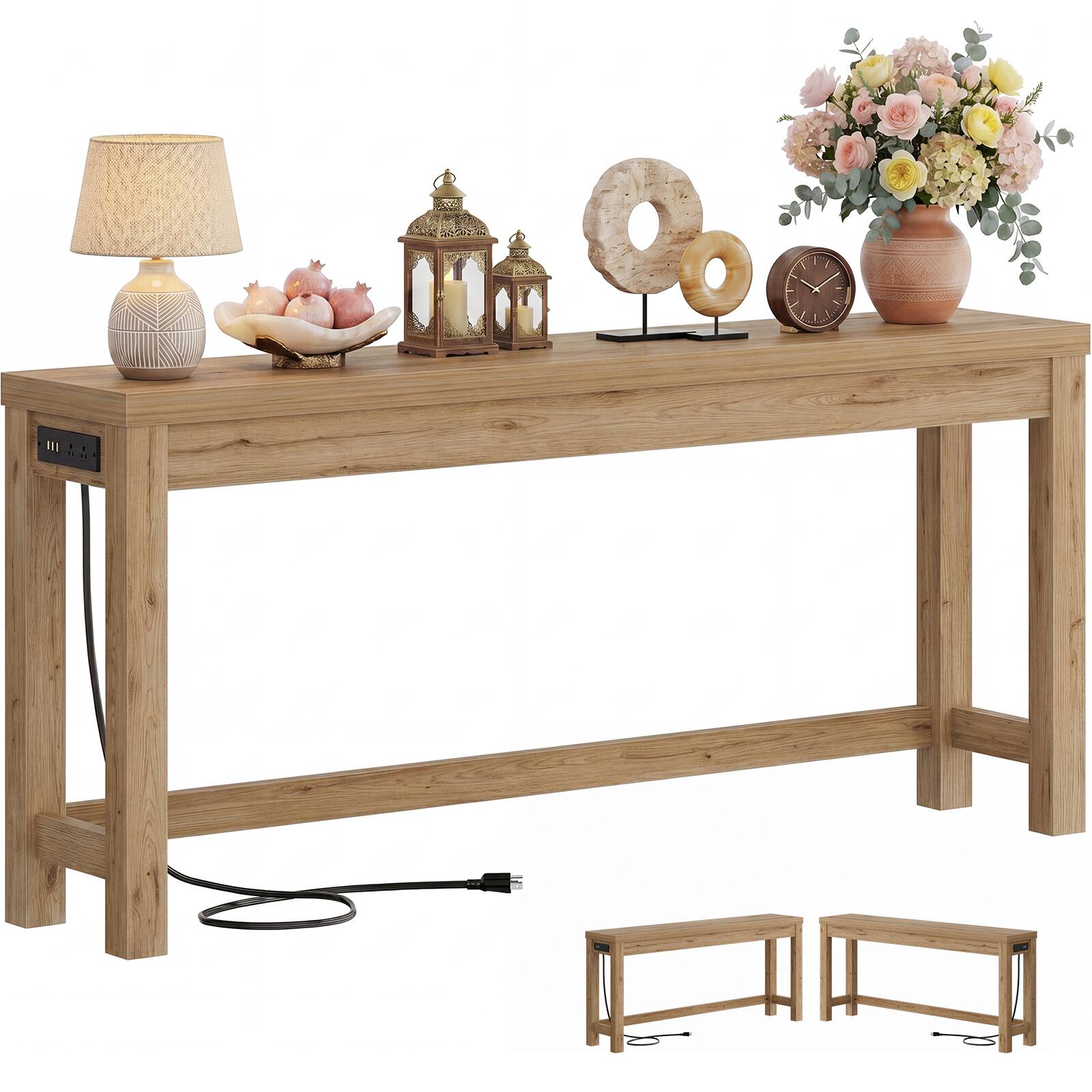 Angle. Aheaplus - 63'' Long Narrow Console Table with Charging Station for Entryway - Nature Oak.